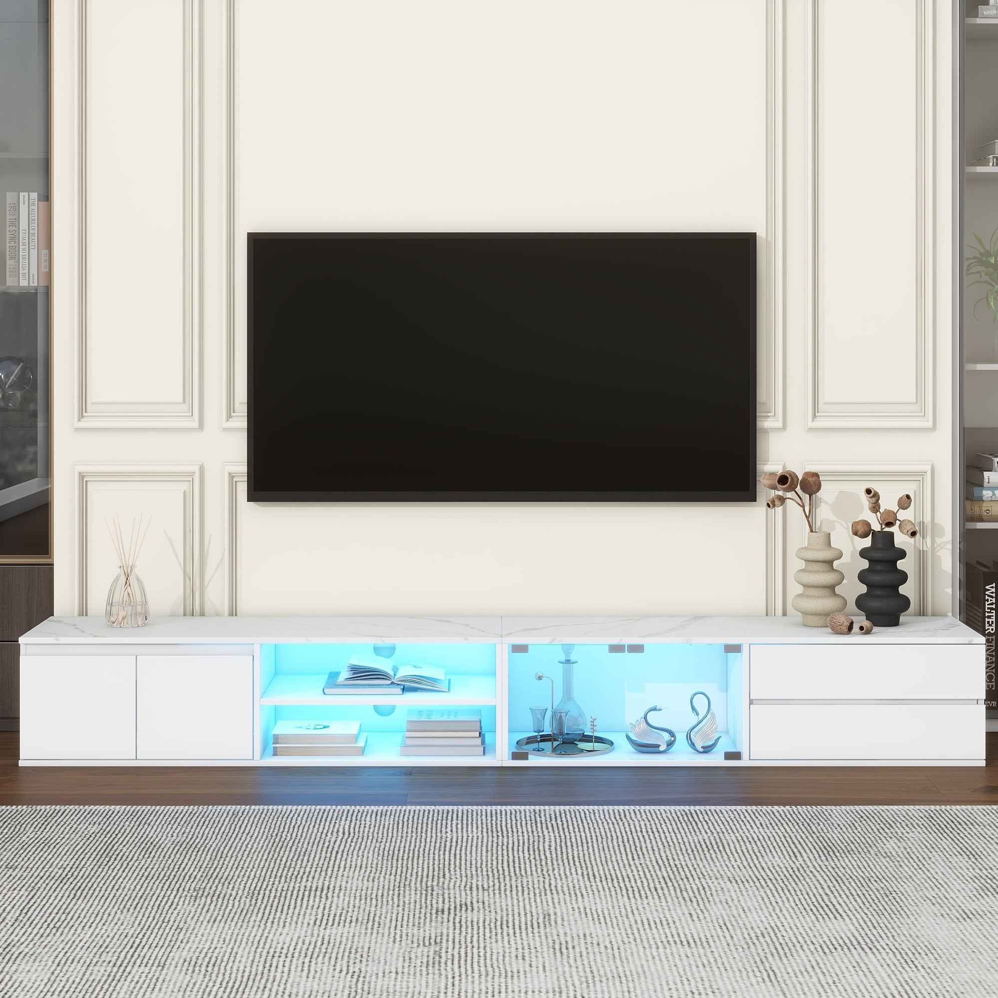 ON-TREND Modern APP Controlled LED TV Stand for TVs Up to 105'', Faux Marble Tabletop Media Console with Tempered Glass Doors, Entertainment Center with 2 Drawers & Cabinets for Living Room, White