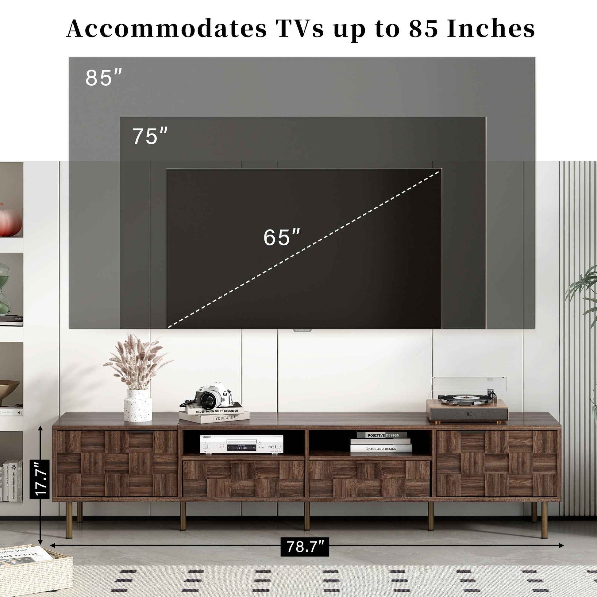 Mid Century TV Stand with 2 Drawers in Dark Brown, Media Console Table for TVs up to 85'', Made of Particle Board and MDF, 78.7'' x 15.7'' x 17.7''