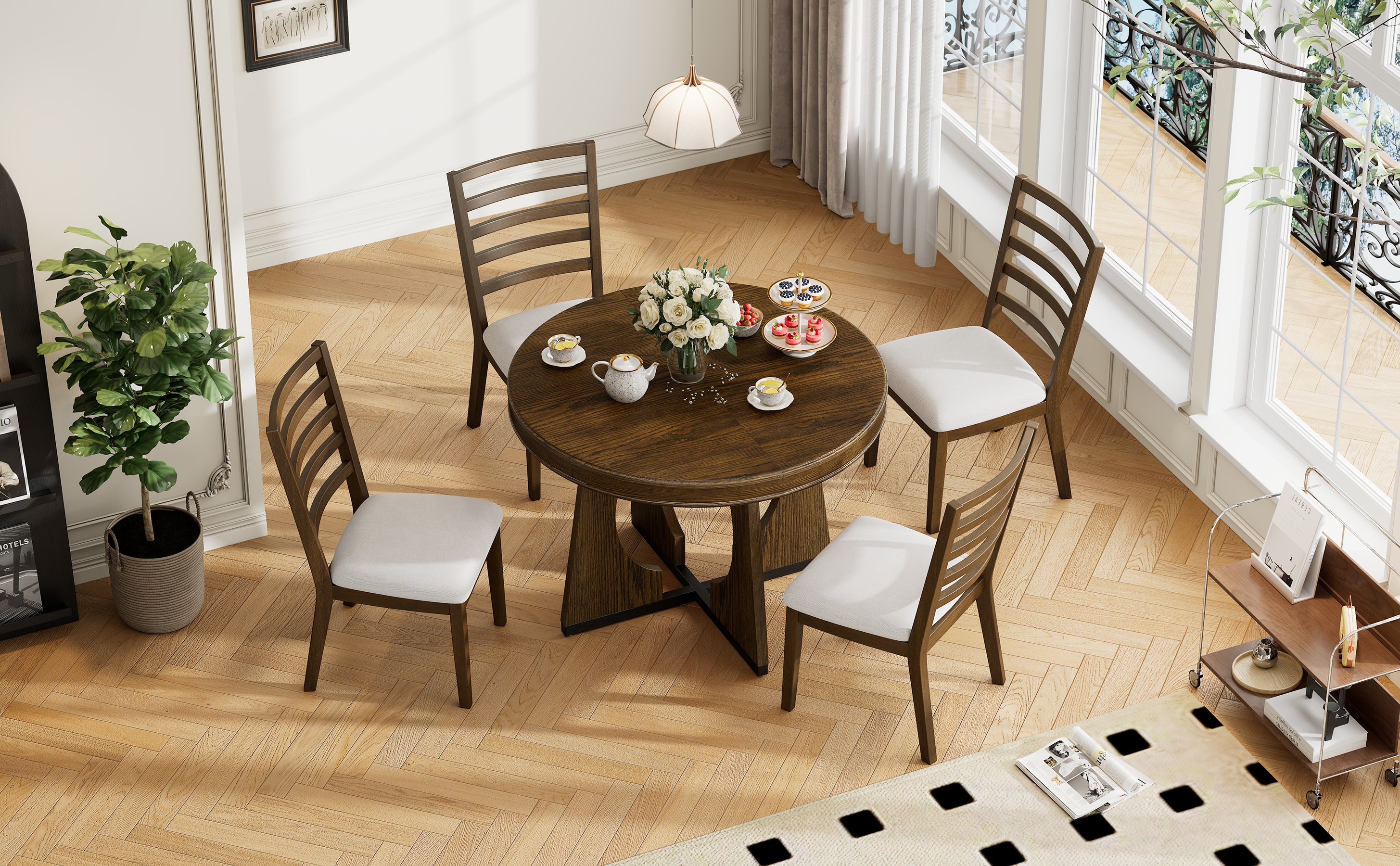 TREXM 5-Piece Retro Rustic Functional Dining Set Unique Geometric Design, 1 Extendable Table with a 16-inch Leaf and 4 Upholstered Chairs Ideal for Dining Room and Kitchen (Walnut)