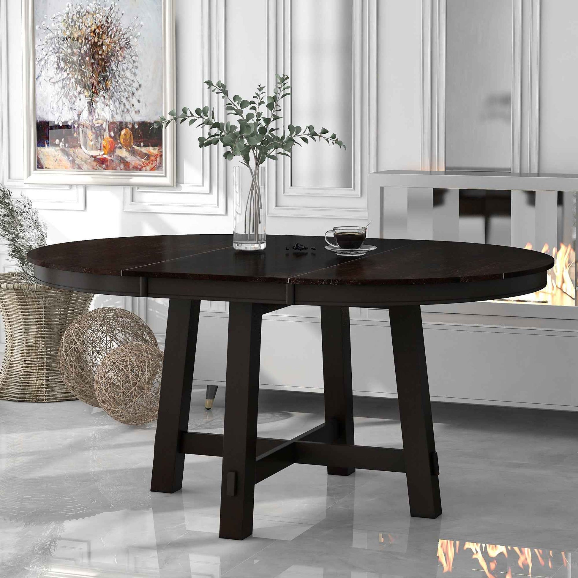 Gia Round Extendable Dining Table with 16' Leaf Wood, Espresso