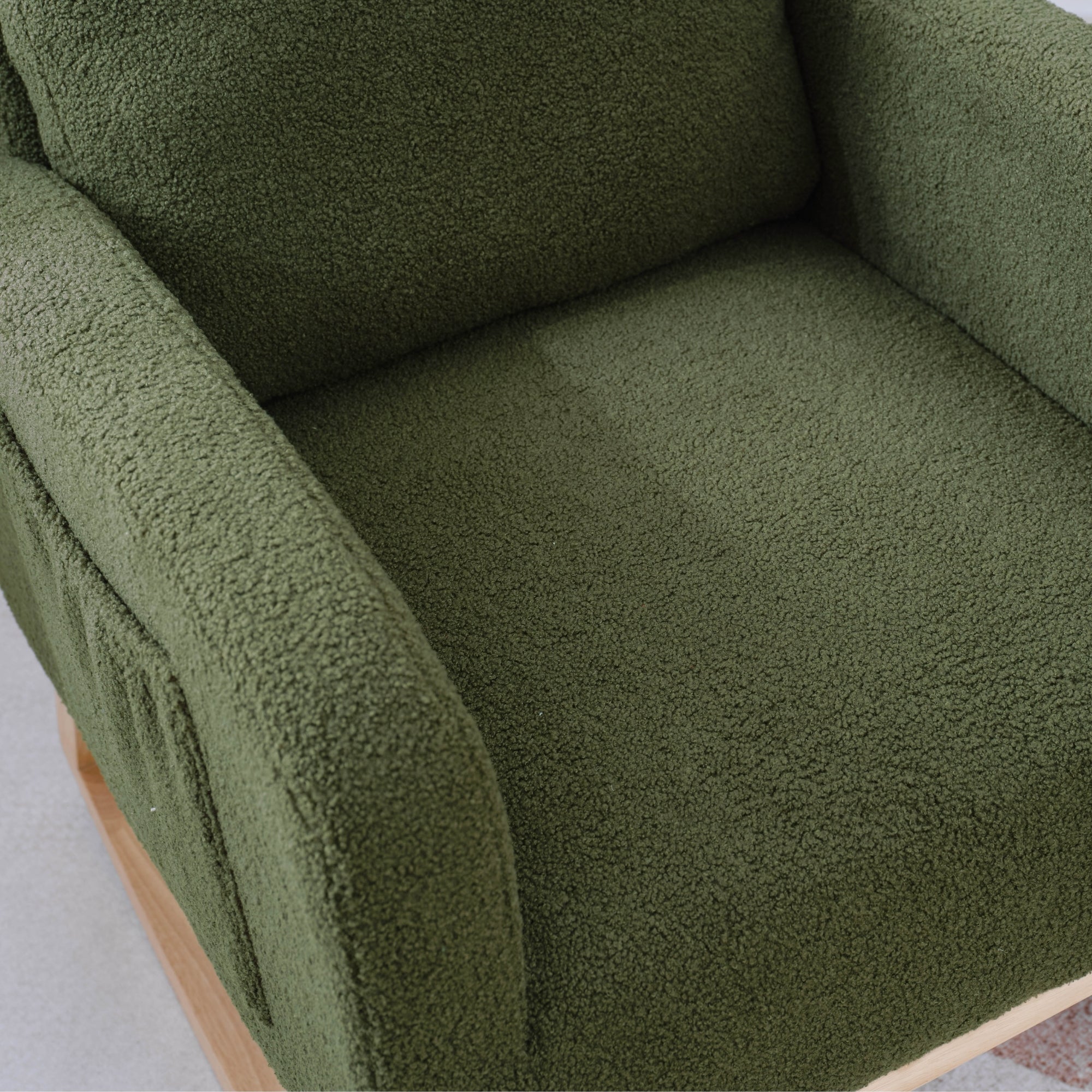 Modern Accent Rocking Chair Rocking Chair with Solid Wood Legs, Upholstered Nursery Glider Rocker, Comfy Armchair with Side Pocket, Living Room Lounge Arm Chair with High Backrest (Dark green,teddy)