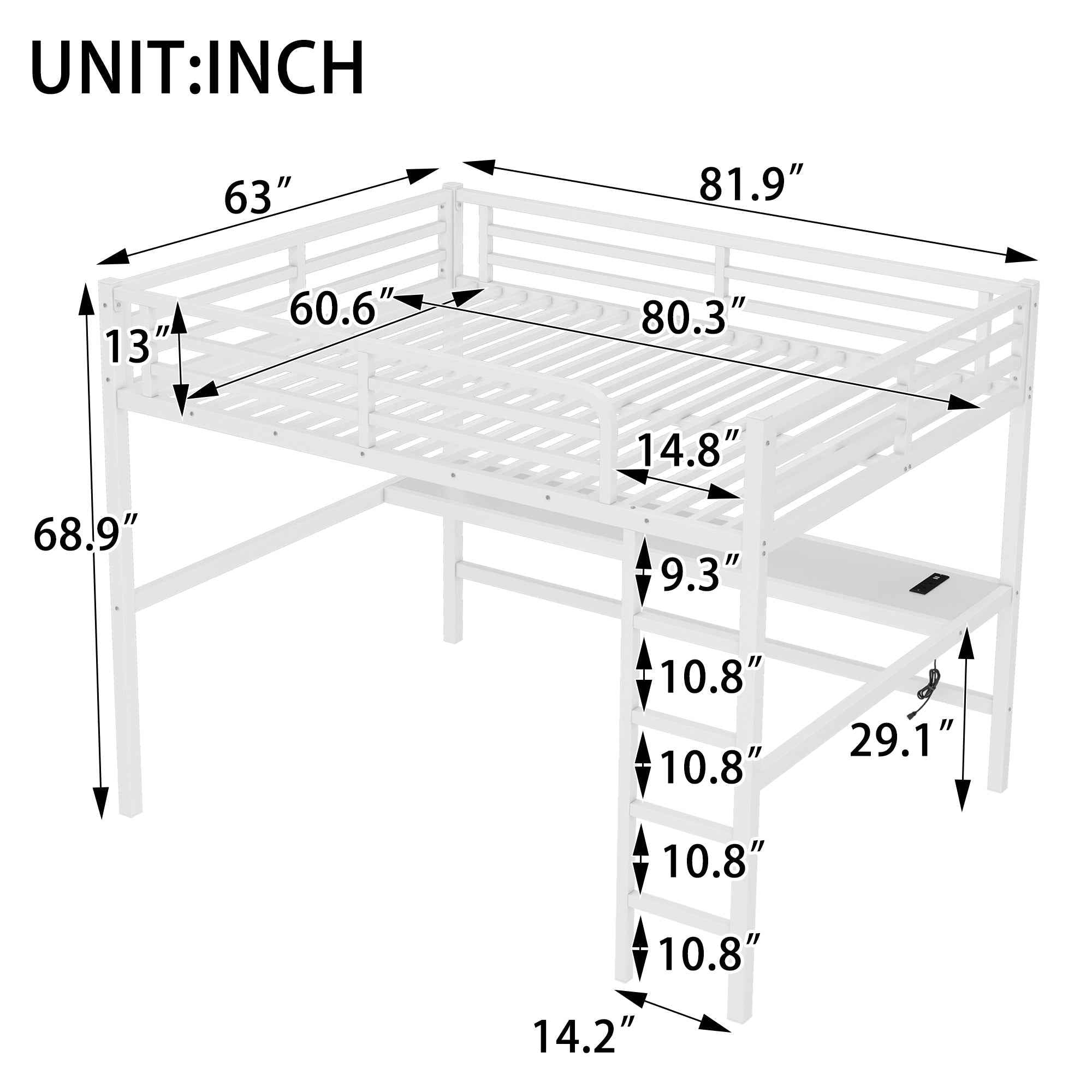 Metal Queen Size Loft Bed with Power Outlet and LED Lighted, Space-Saving, Noise Reduced, White