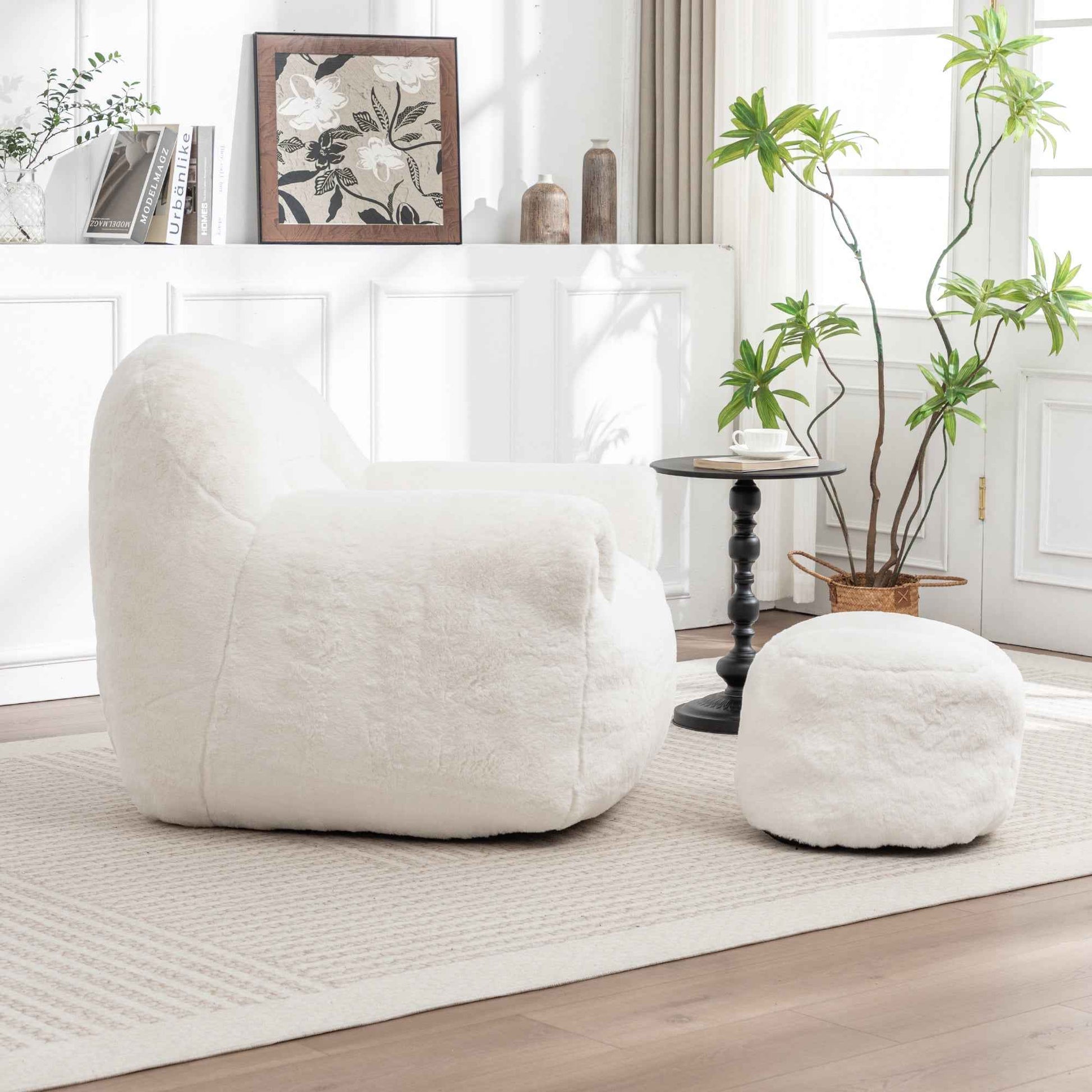 Bean Bag Chair, Comfy Bean Bag Sofa with Back Support, With Footstool,Faux Fur Bean Bag Chair for Adults and Kids, Stuffed Floor Sofa for Living Room, Bedroom, Apartment, White