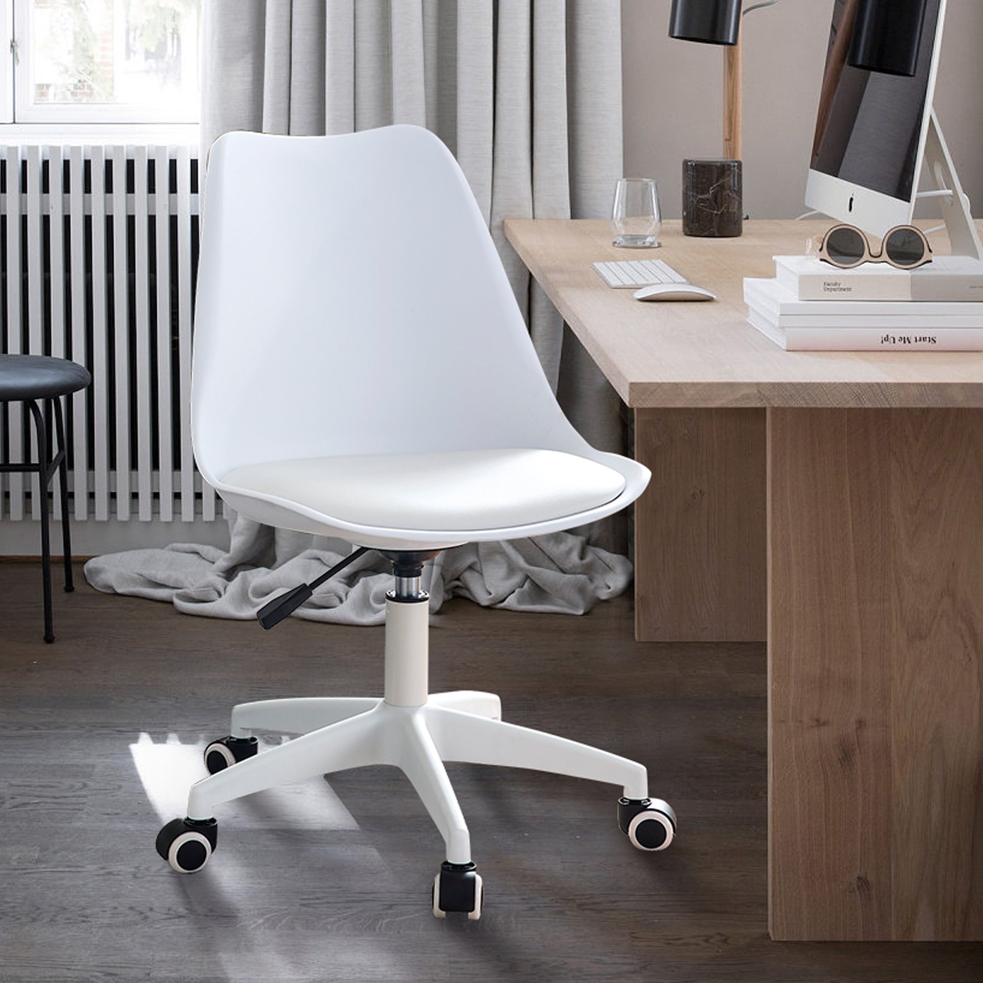 Modern Home Office Desk Chairs, Adjustable 360 °Swivel  Chair Engineering  Plastic Armless Swivel Computer  Chair With Wheels for Living Room, Bed Room Office Hotel Dining Room and White.