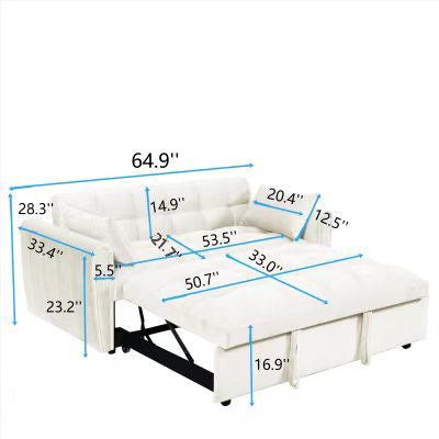 65'3-in-1 foldable large size sofa bed, modern velvet double sofa, sofa bed with adjustable back, storage bag and pillow, suitable for living room, bedroom (beige) - Abrihome