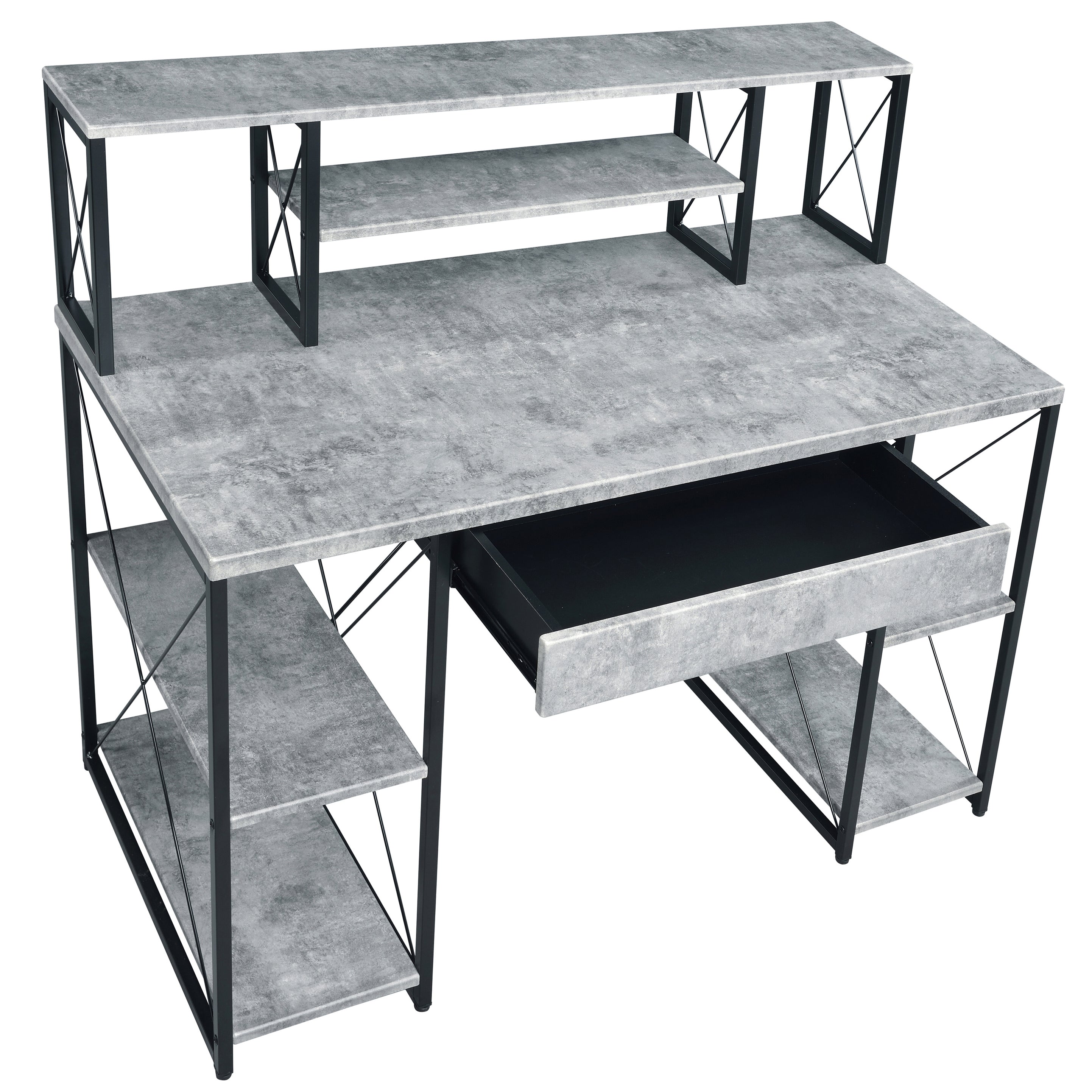 Grey and Black Office Desk with Open Shelves and Hutch