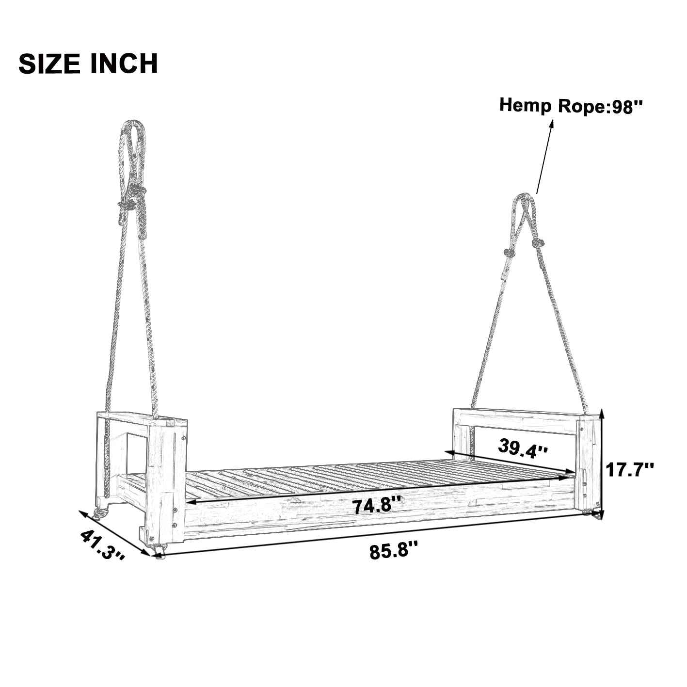 TOPMAX Twin Size Porch Swing Bed Seating Group, Patio Acacia Wood Swing Frame with Hemp Ropes for Garden, Backyard, White