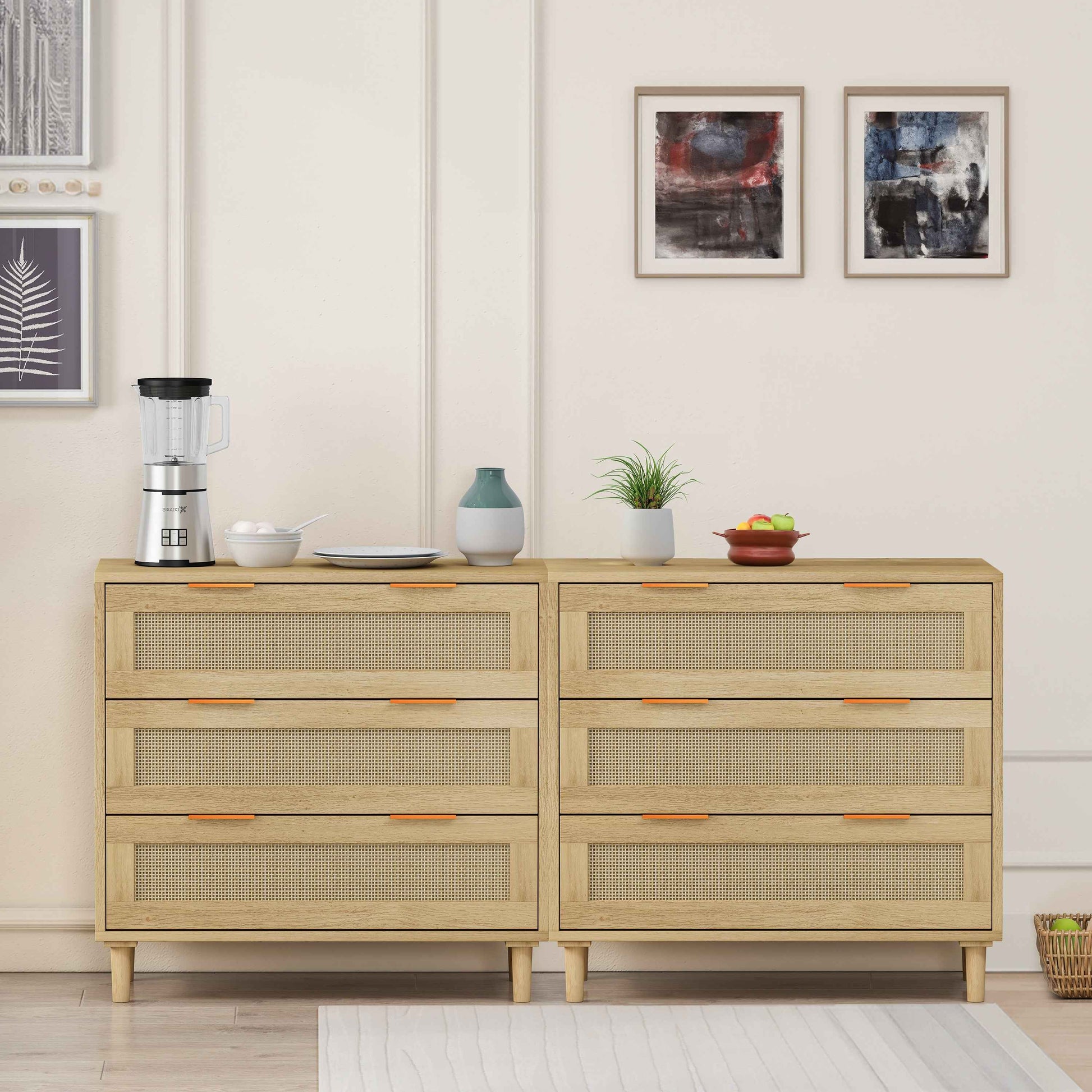 Modern Oak Rattan Storage Cabinet Set with 3-Drawers for Bedroom and Living Room