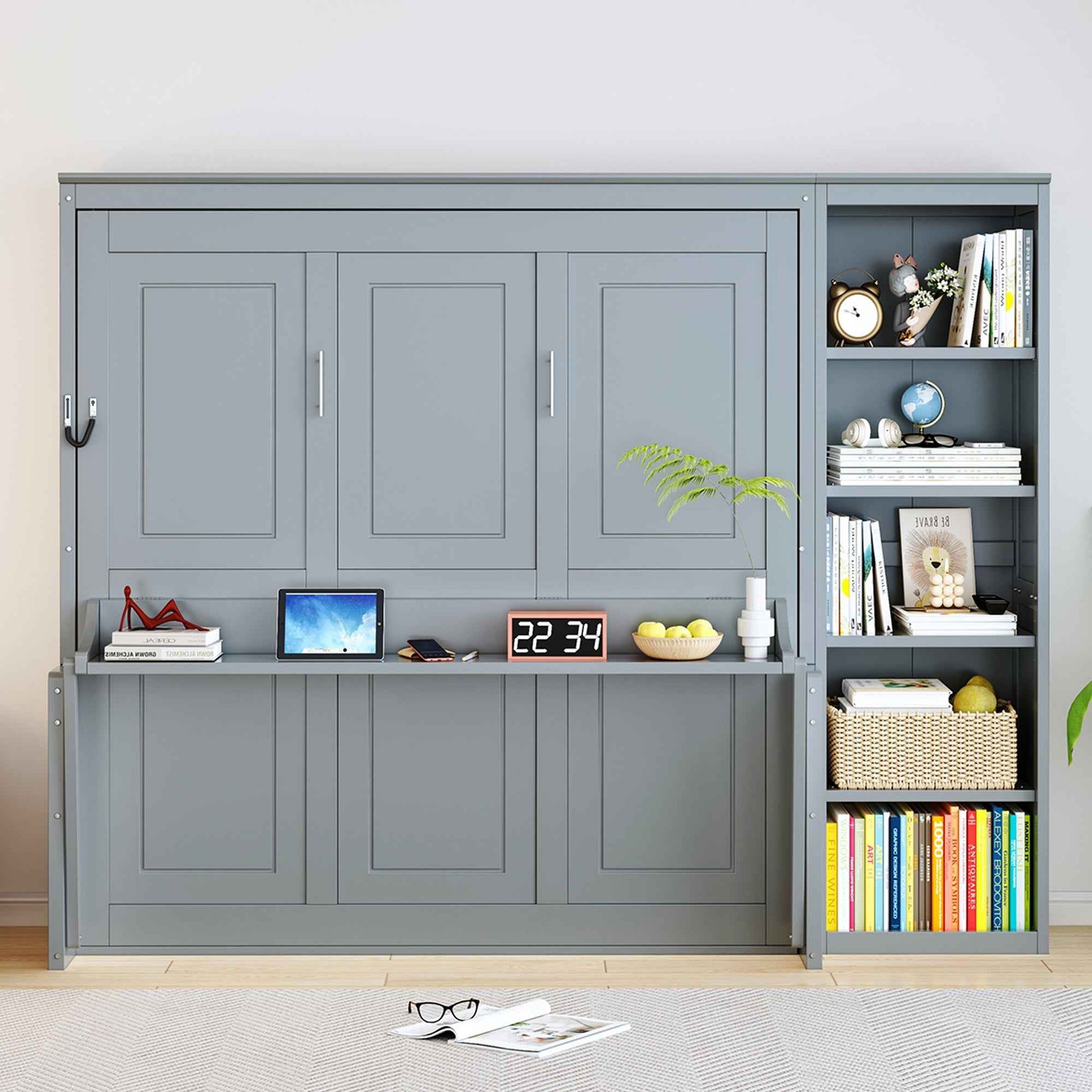 Gray Queen Size Murphy Bed with Desk and Bookshelf, Pine Wood + MDF, Space-Saving Design for Small Rooms