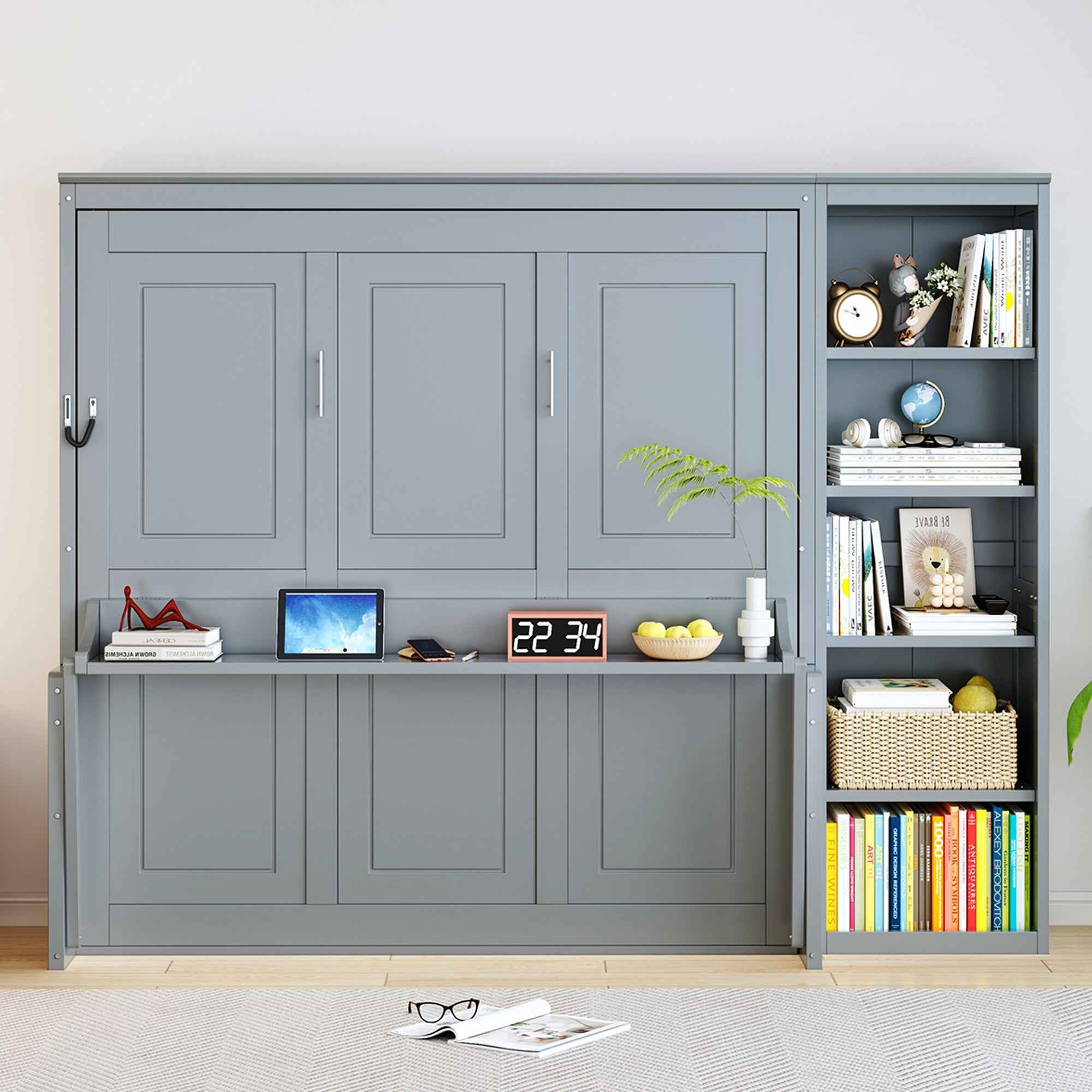 Gray Queen Size Murphy Bed with Desk and Bookshelf, Pine Wood + MDF, Space-Saving Design for Small Rooms