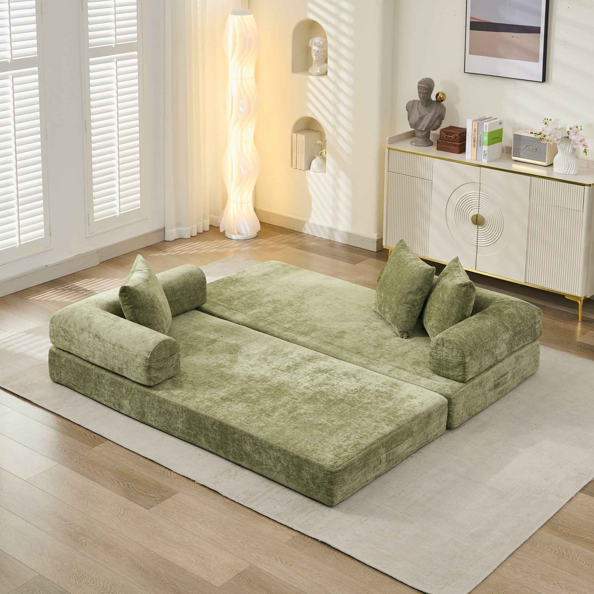 Comfy Convertible Folding Mattress Couch, Floor Sofa Bed, Chenille Floor Sofa with Armrest, Floor Sofa Lounge Couch for Living Room Bedroom Lounge Studio-Green