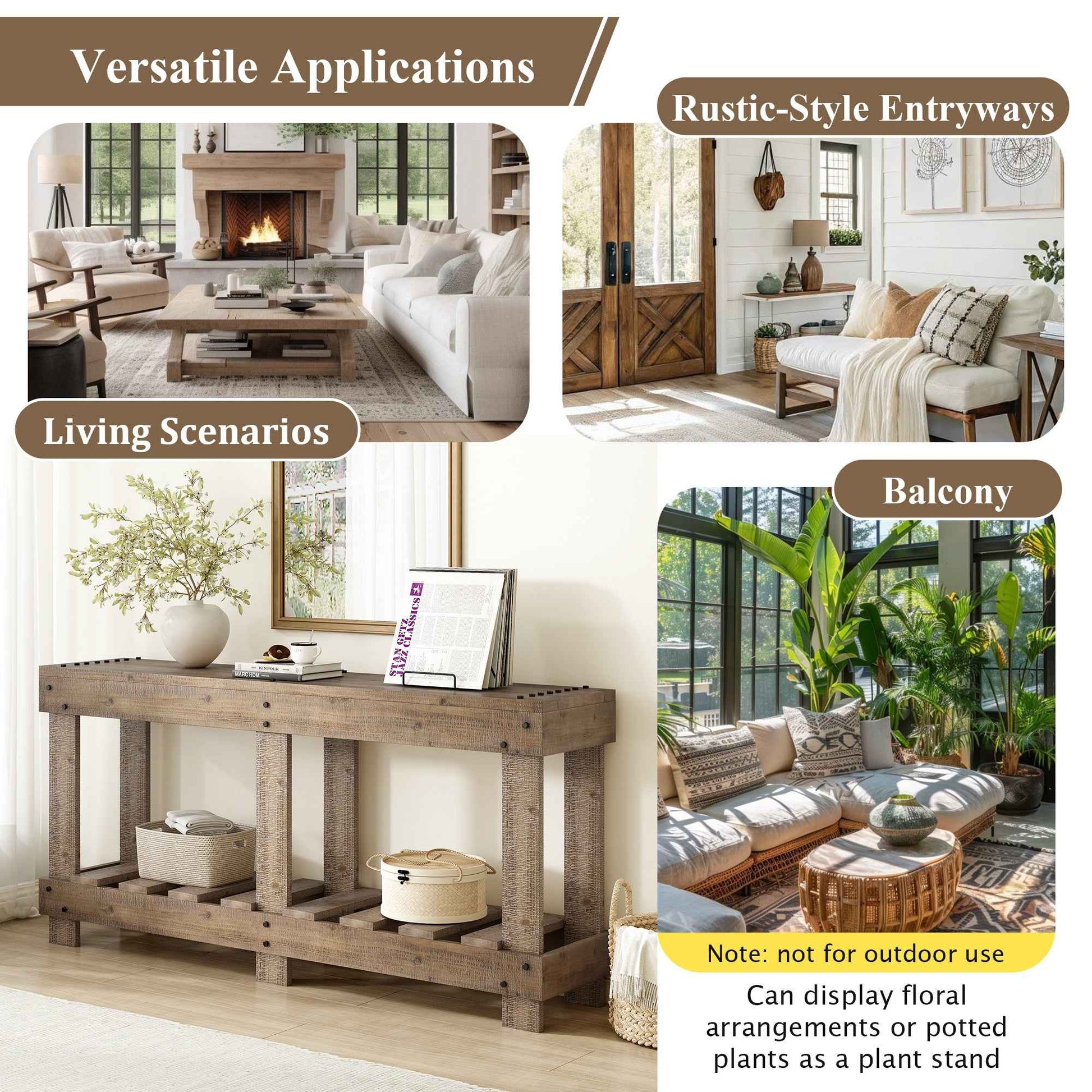 U_Style 62.9' Vintage Entryway Table - Fir Solid Wood with Natural Grain, 6 Reinforced Legs & 4.5' Thick Desktop, Metal Rivet Decor & Plank Under-Shelf, Console Table for Hallway, Living Room