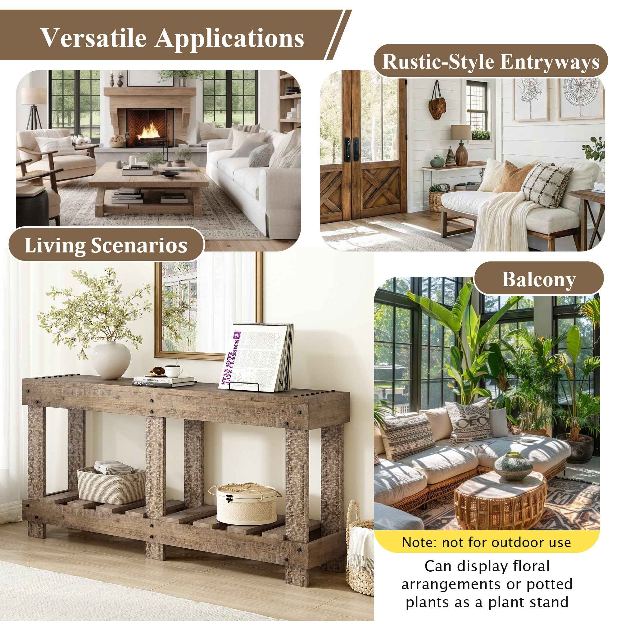 U_Style 62.9' Vintage Entryway Table - Fir Solid Wood with Natural Grain, 6 Reinforced Legs & 4.5' Thick Desktop, Metal Rivet Decor & Plank Under-Shelf, Console Table for Hallway, Living Room