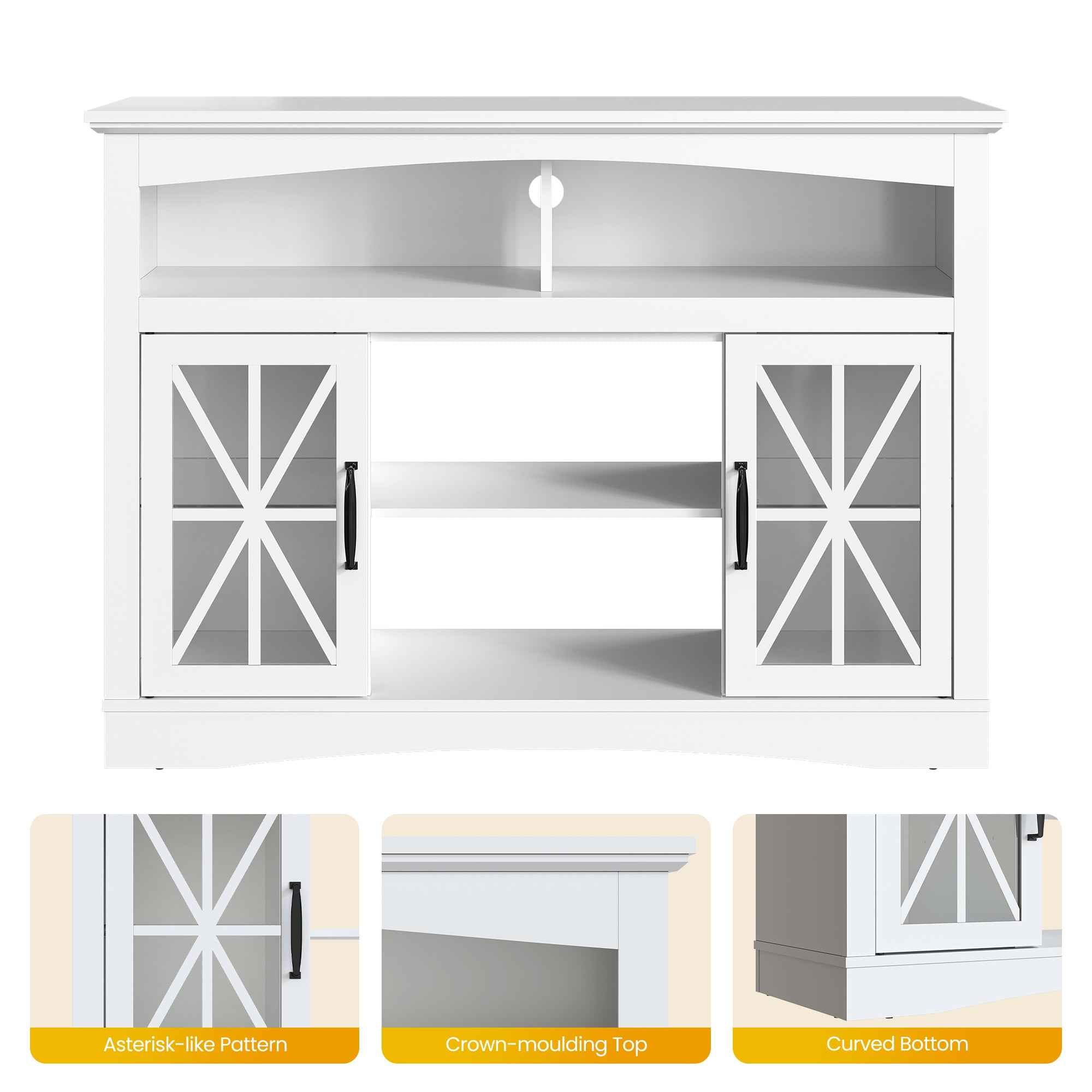 47'' Farmhouse TV Stand with Adjustable Shelves, Retro TV Console with Glass Doors & LED Lights, Media Entertainment Center Storage Cabinet for Living Room, Bedroom, Kitchen, White