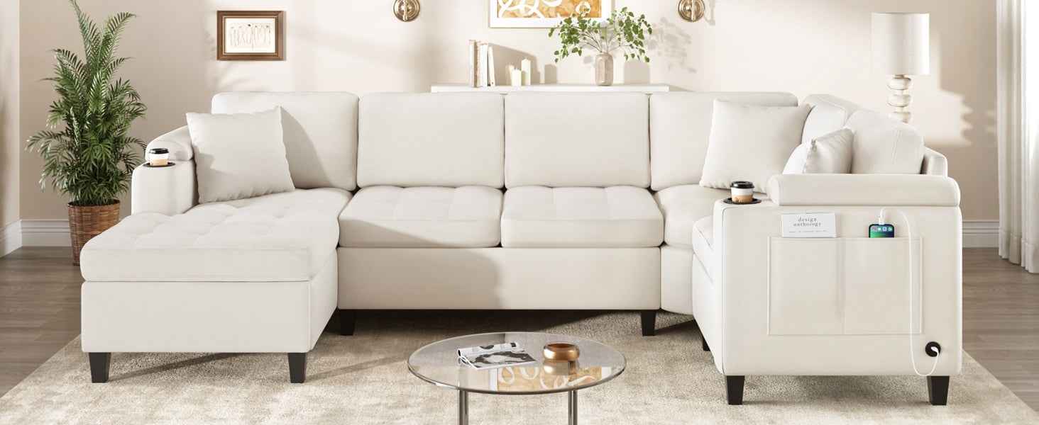 Modern U-shaped Sectional Sofa 115.7' with Built-in Cup Holders, Storage, USB Ports in Beige Chenille Fabric