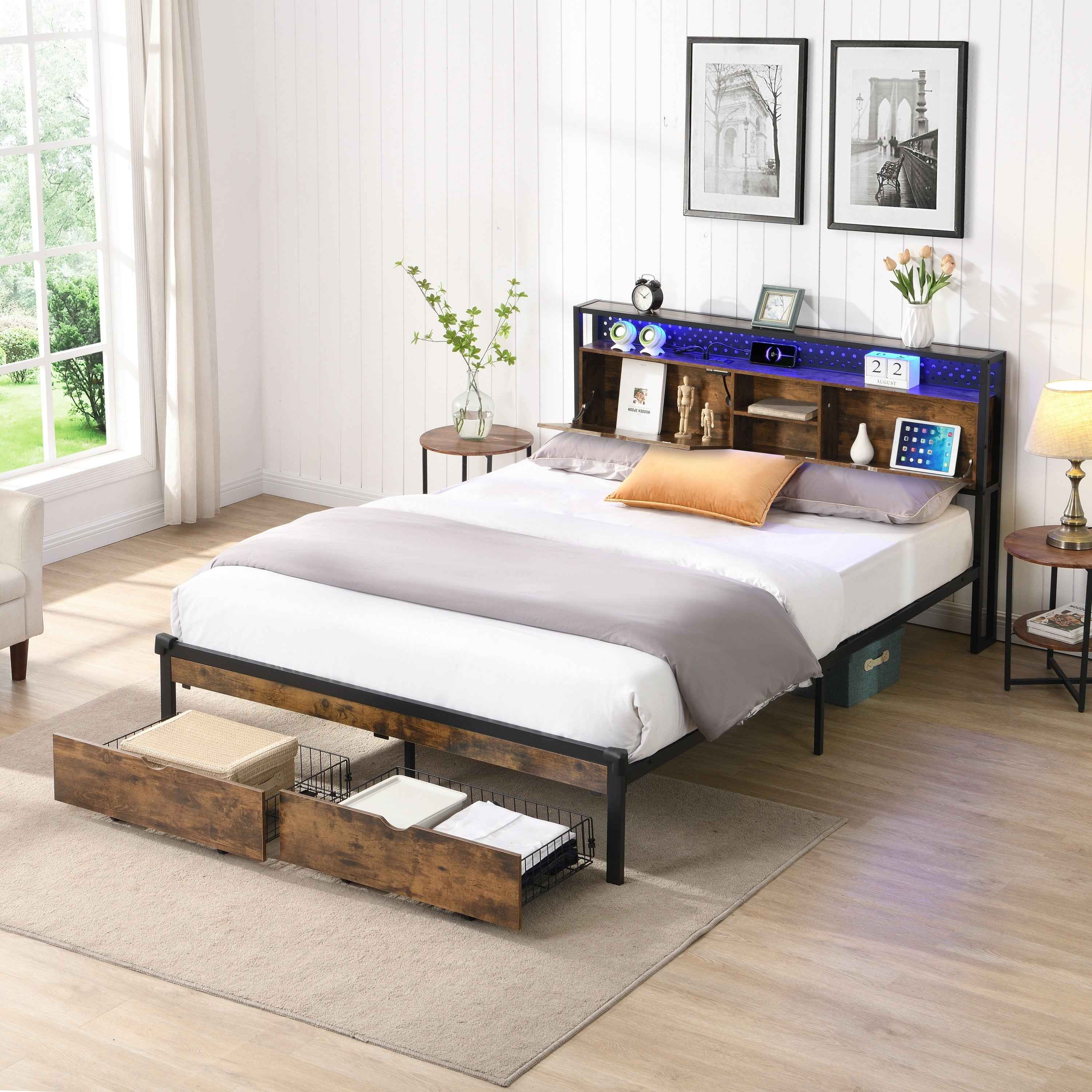 Contemporary King Size Metal Platform Bed Frame with Wooden Headboard and Footboard, USB Charging, LED Lights, Storage, Easy Assembly, Black & Brown