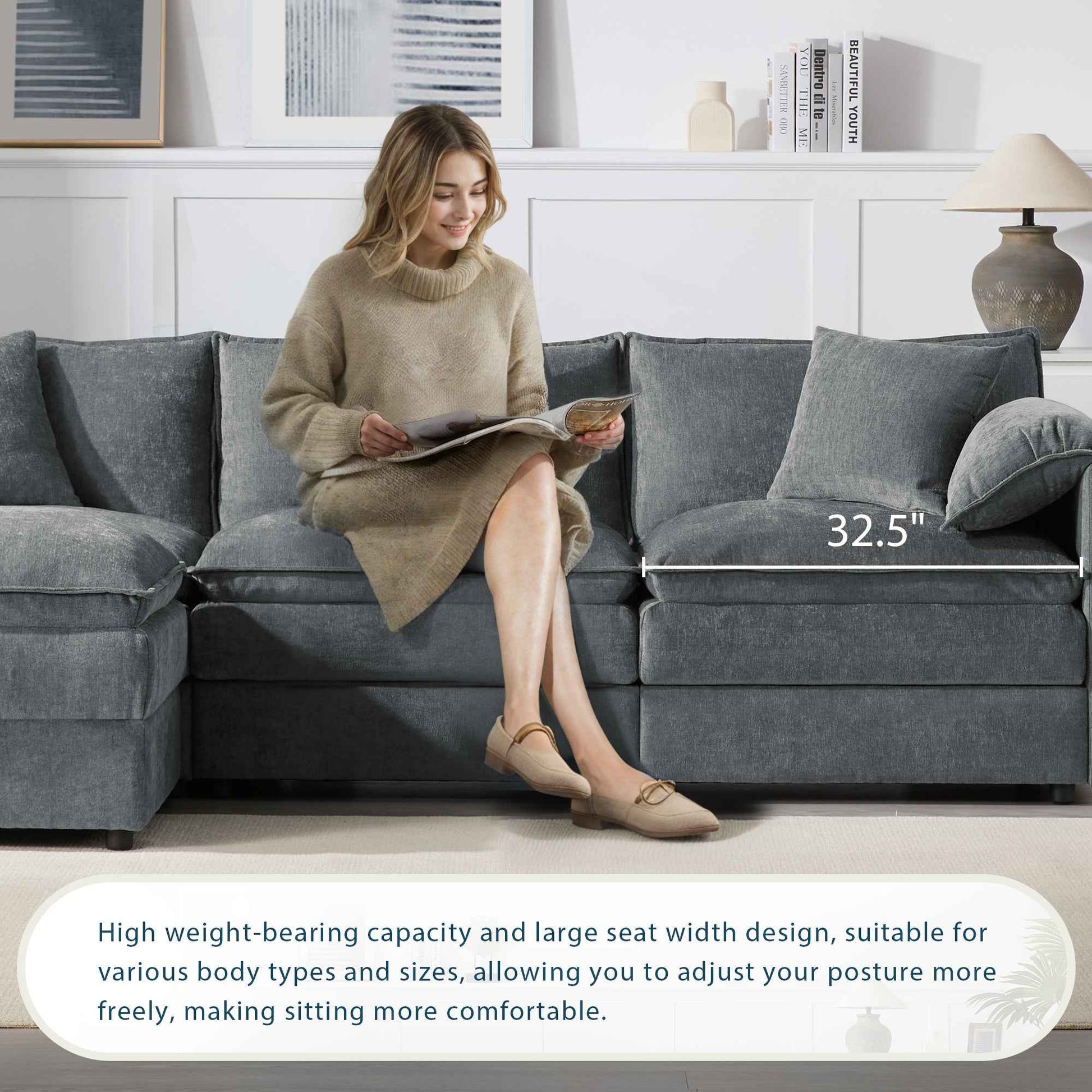 Chenille Modular Sectional Sofa with Deep and Wide Seat in Dark Gray, L Shaped Cloud Couch Set with Double Cushions, 4 Seat Sofa with Movable Ottoman