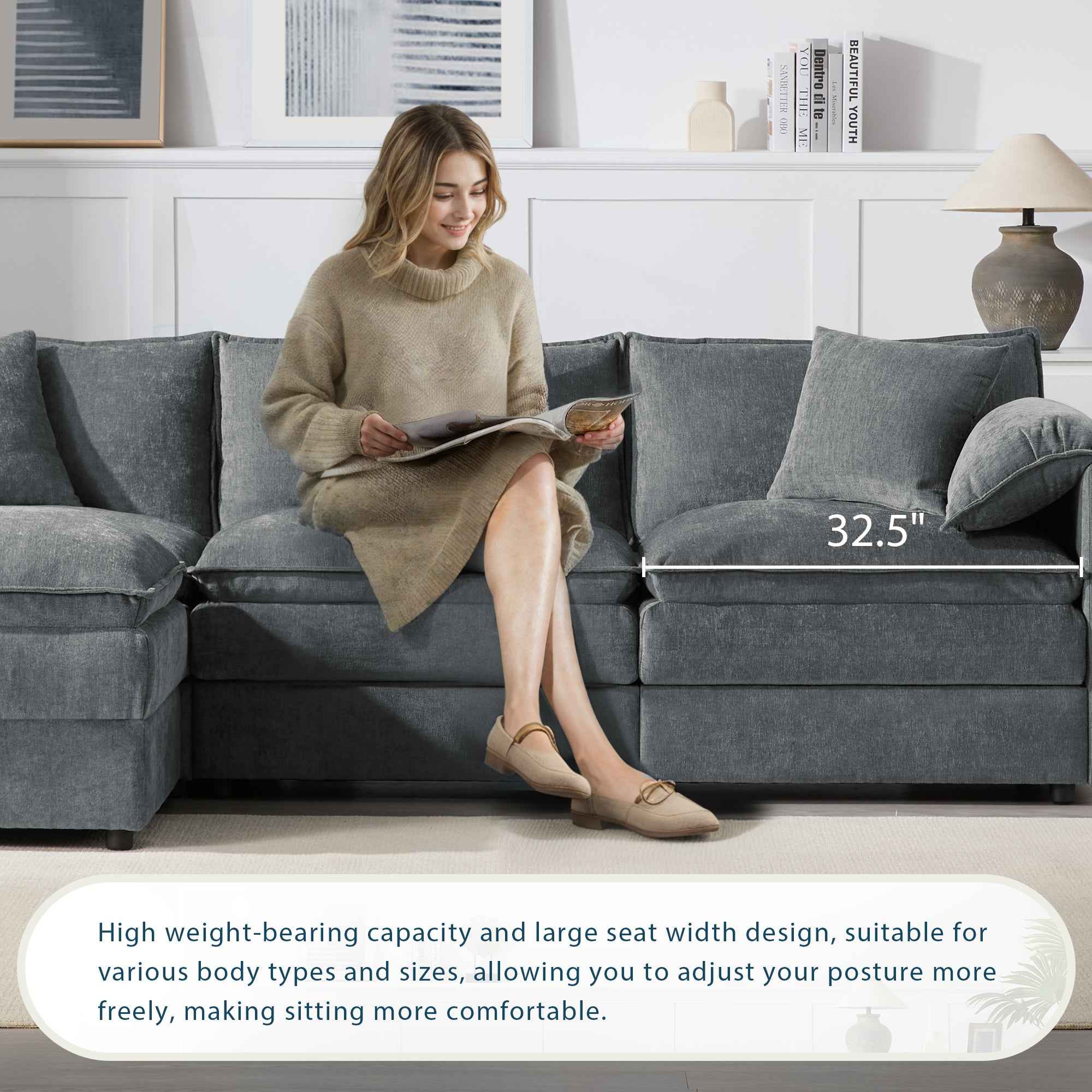 Chenille Modular Sectional Sofa with Deep and Wide Seat in Dark Gray, L Shaped Cloud Couch Set with Double Cushions, 4 Seat Sofa with Movable Ottoman