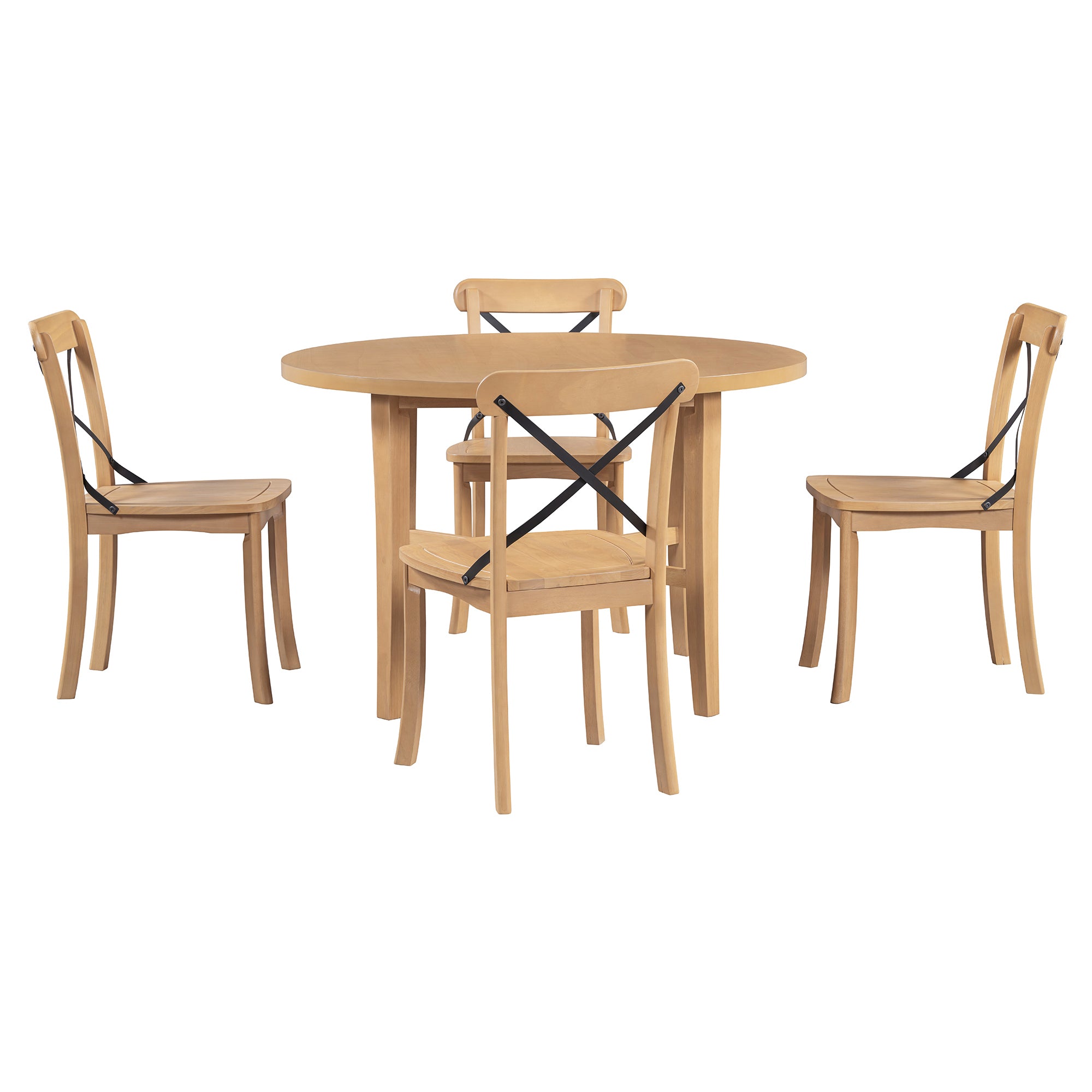 TREXM 5-piece Dining Set, Retro Simple Round Table and 4 Chairs with X-shaped Backrest for Kitchen, Dining Room and Living Room (Natural)