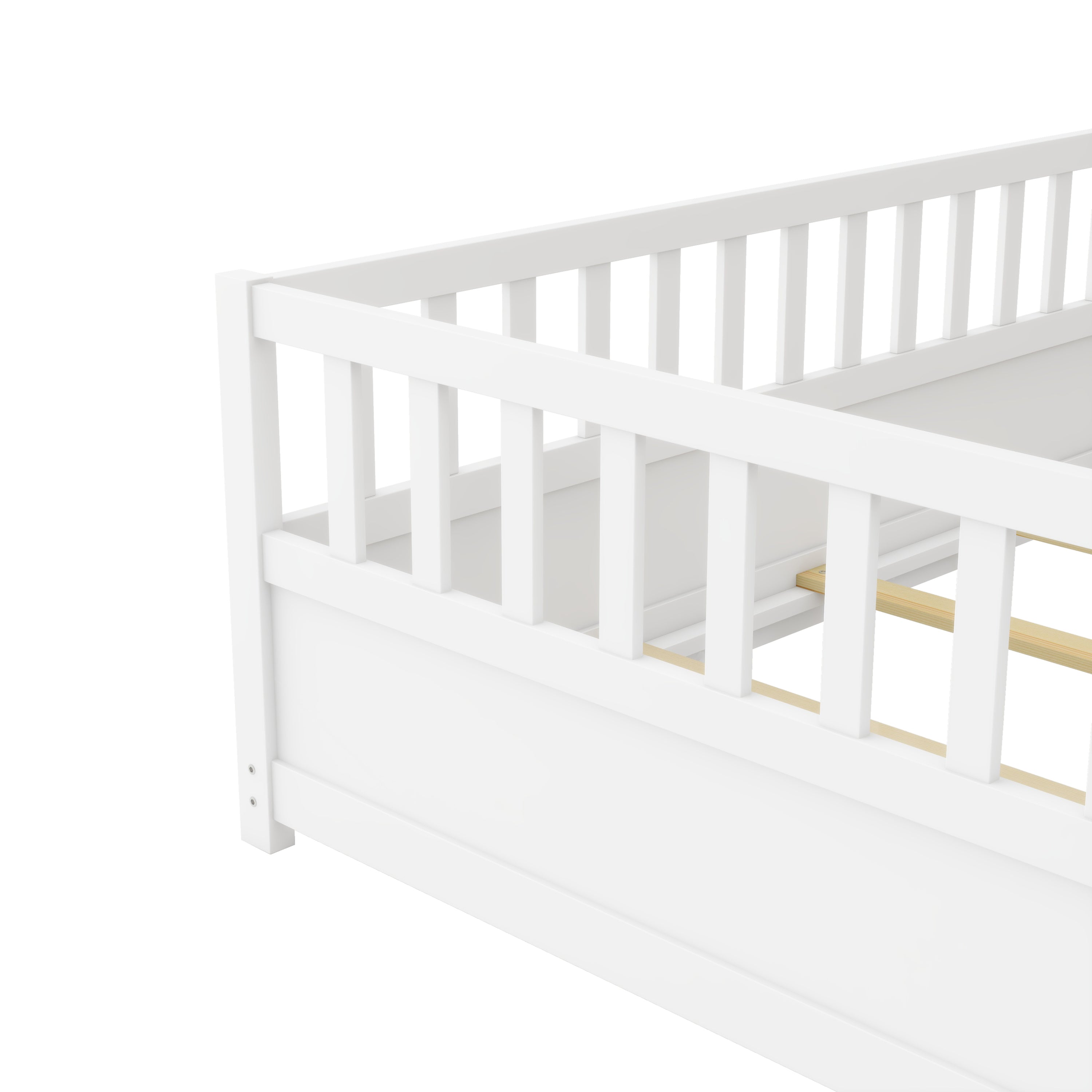 Twin Size Floor bed, integral construction with super high security barrier, door, children's floor bed frame, Montessori wooden children's floor bed, Support slat white