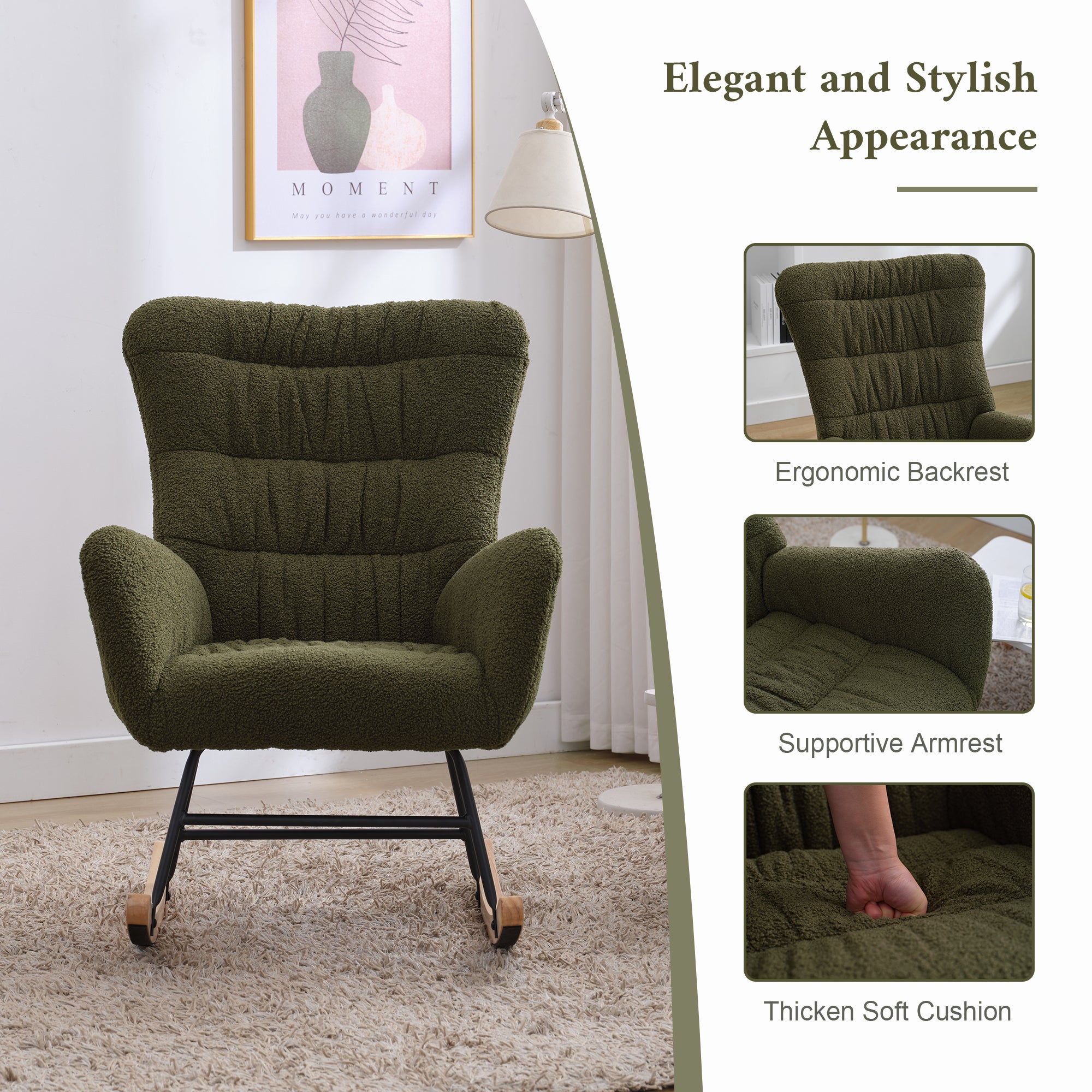 Nursery Rocking Chair, Teddy Upholstered Glider Rocker, Rocking Accent Chair with High Backrest, Comfy Rocking Accent Armchair for Living Room, Bedroom, Offices, DARK GREEN