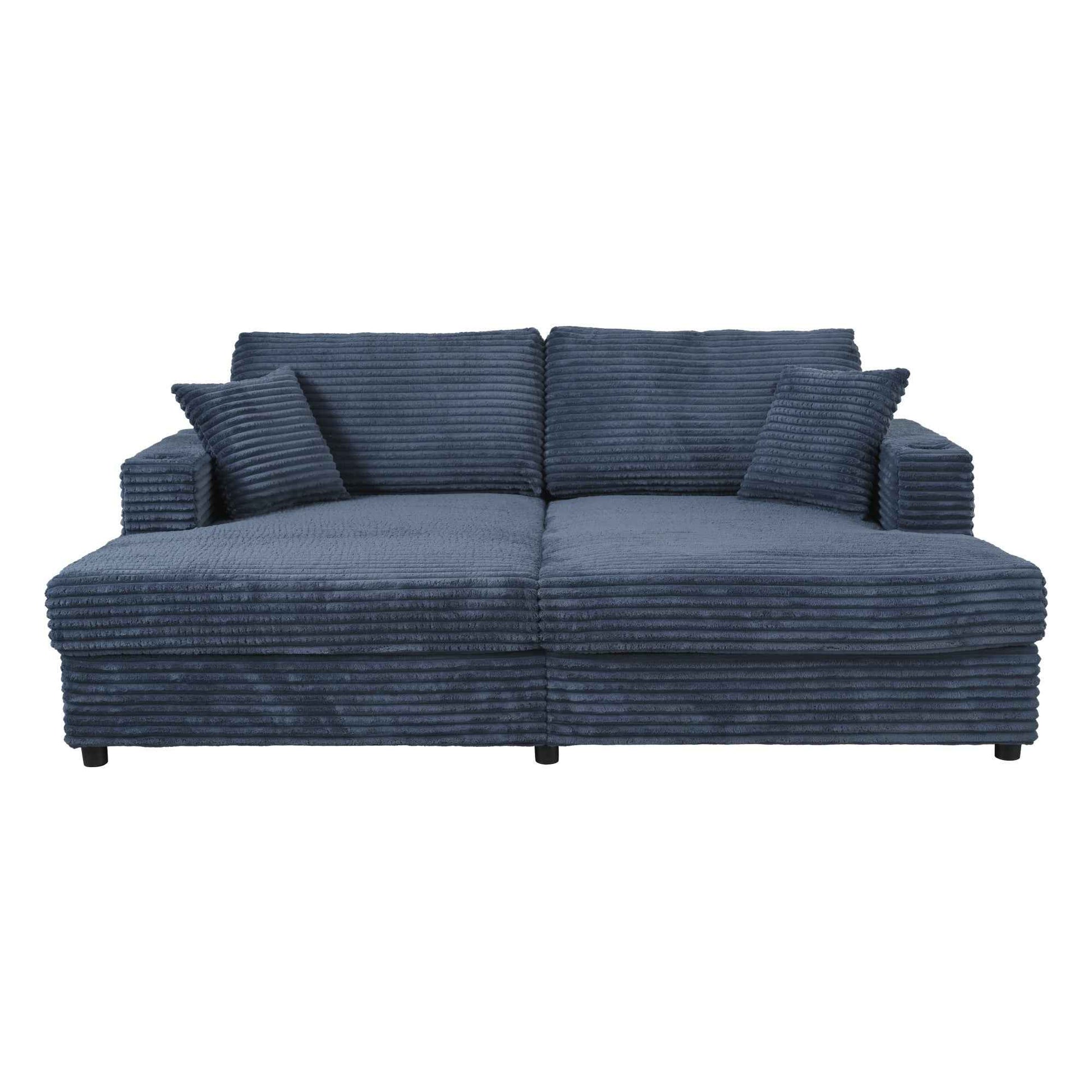 Oversized Loveseat Chaise Lounge Sectional Sofa Bed with USB Ports, Cup Holders, and Throw Pillows, Blue Corduroy