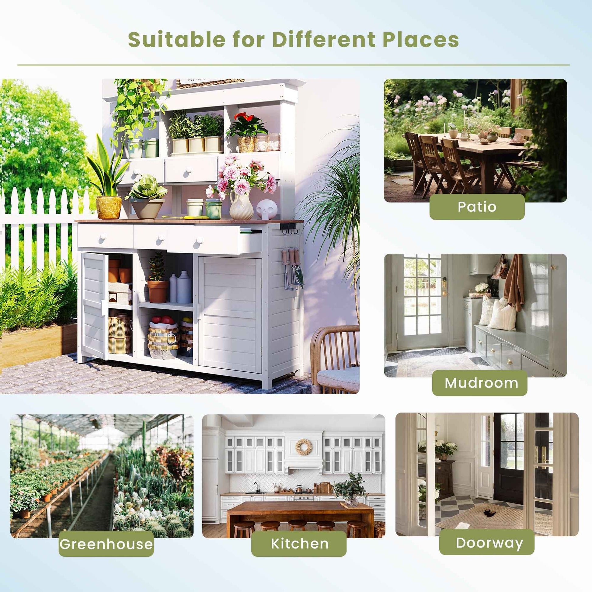 [Assembly Video Provided] TOPMAX 65.7'' H Tall Garden Potting Bench Table with Hutch,Patio Storage Workstation with 3 Shelves,6 Drawers,2 Bottom Cabinets&Side Hooks for Mudroom,Doorway, White