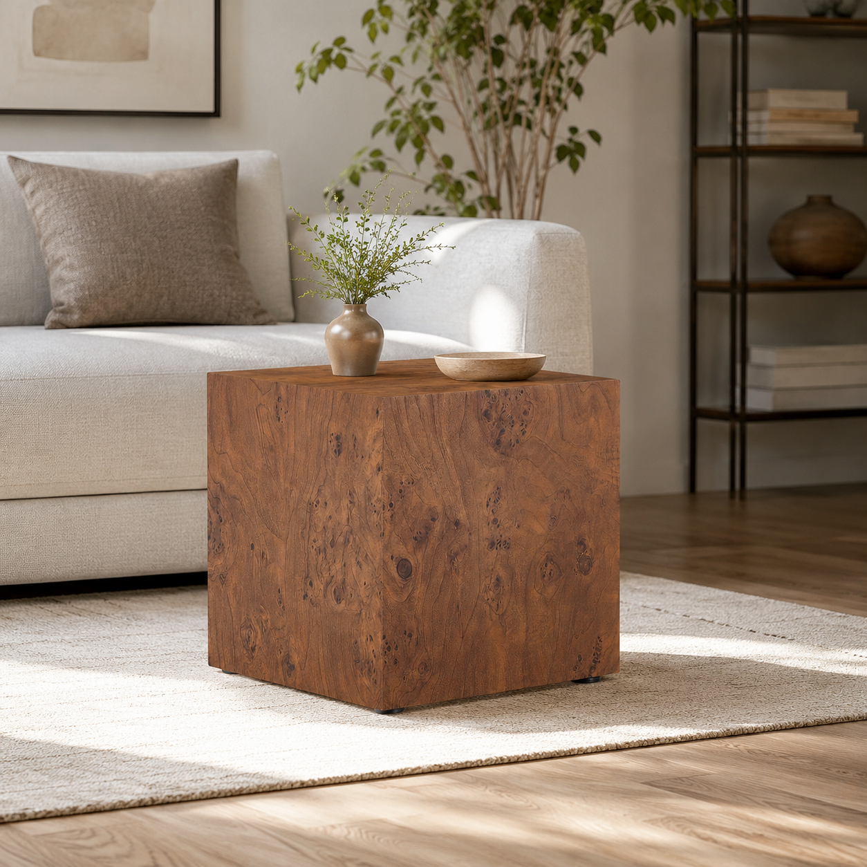 Premium Burl Walnut Veneer MDF Cube Table, Height Adjustable Multi-purpose Coffee Side End Table for Living Room, 15.7'×15.7'×15.7', No Extra Items Included