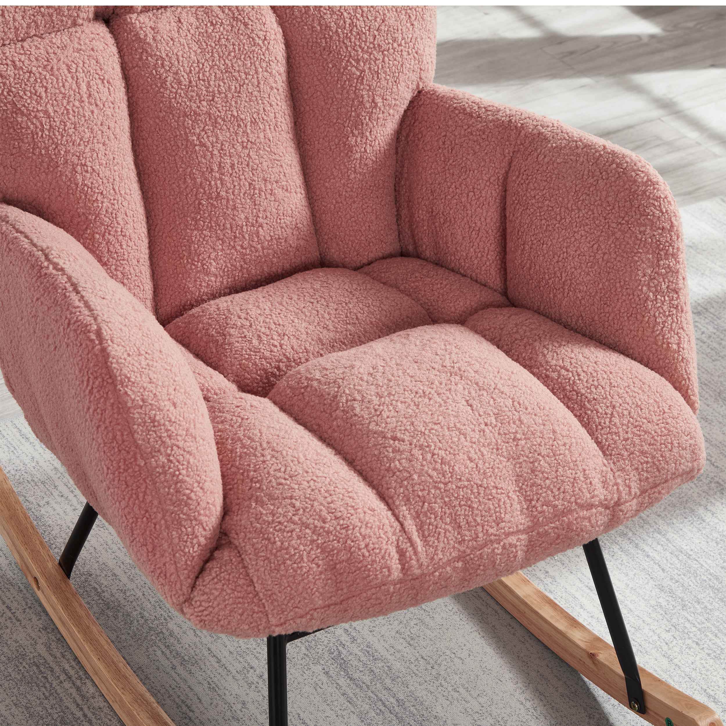 Glider Chair for Living Room Tufted Upholstered Teddy Fabric Rocking Chair with Metal Frame Accent Chair Pink