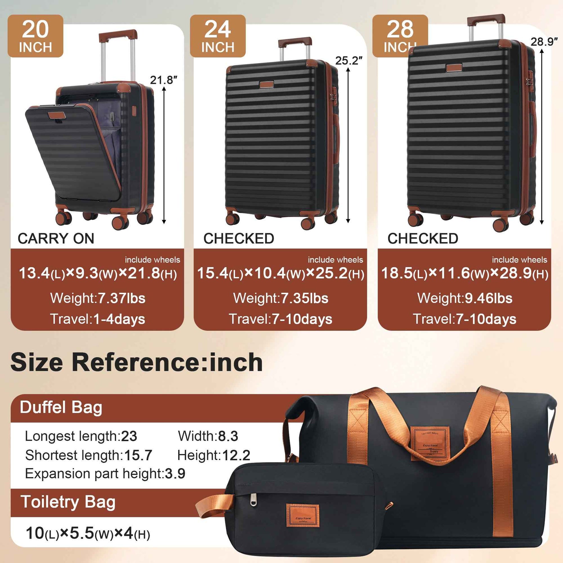 Luggage Sets 5 Piece with Front Opening , Hardside Expandable Carry on Suitcase with Spinner Wheels TSA Lock USB Port  Cup Holder Duffel Bag and Toiletry Bag