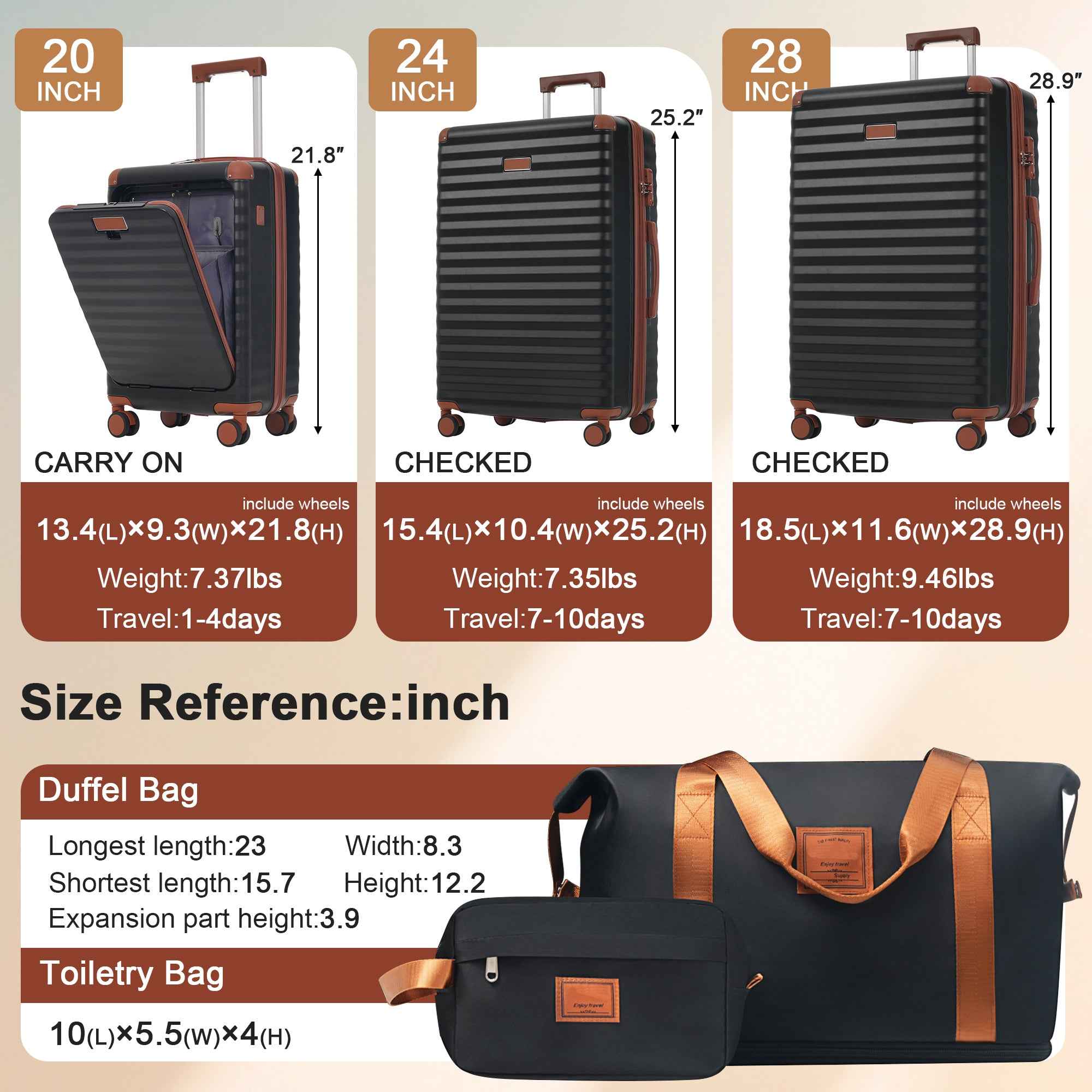 Luggage Sets 5 Piece with Front Opening , Hardside Expandable Carry on Suitcase with Spinner Wheels TSA Lock USB Port  Cup Holder Duffel Bag and Toiletry Bag