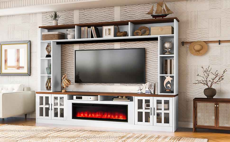 U-Can 95.5' W Wall Unit Entertainment Center with Bookshelves for TVs up to 80', Modern TV Stand Media Console with electric fireplace  Cabinets,  and Adjustable Shelves for Living Room