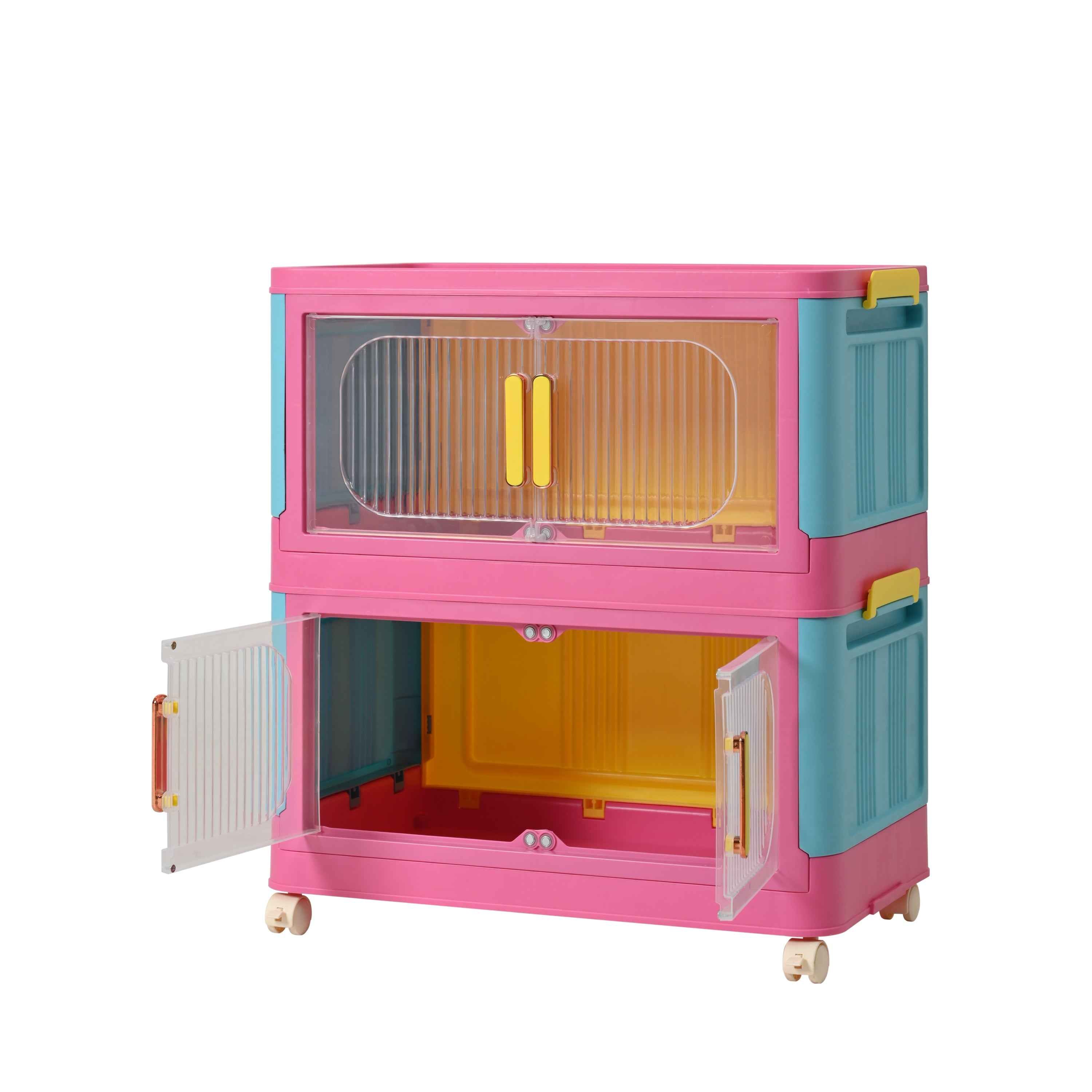 Happy Color, 20' Side Wide Folding Storage Cabinet ,4 Tiers,19.69'×11.81'×40.55',Collapsible Storage Bins with Magnetic Door, Plastic Storage Cabinet with Wheels