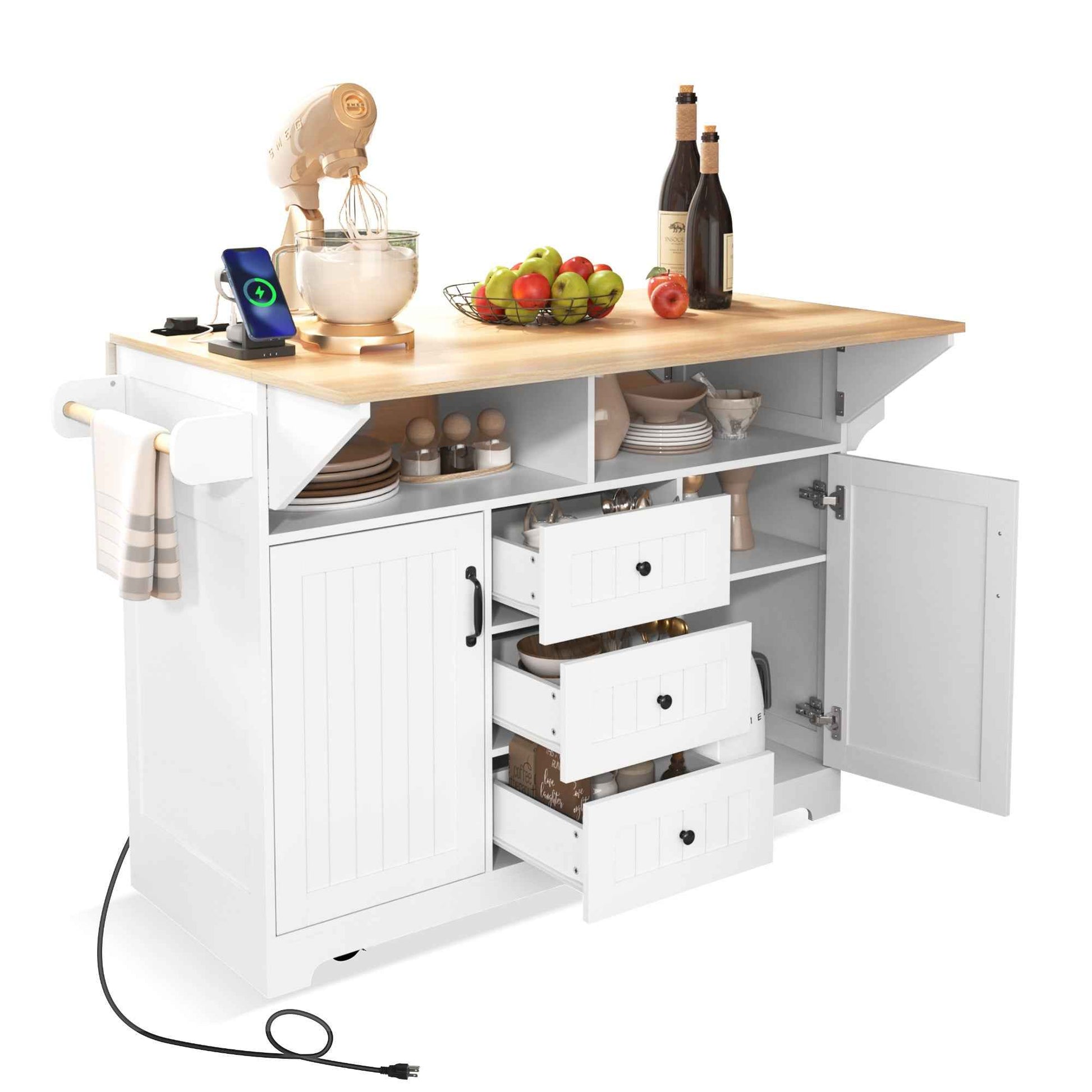 K&K 55.7'' Large Kitchen Island with 2 Drop Leaf,, Rolling Kitchen Cart on 5 Wheels with Power Outlet, Folding Storage Dining Table with Spice & Towel Rack , 3 Drawers, for Kitchen, Dining Room,White
