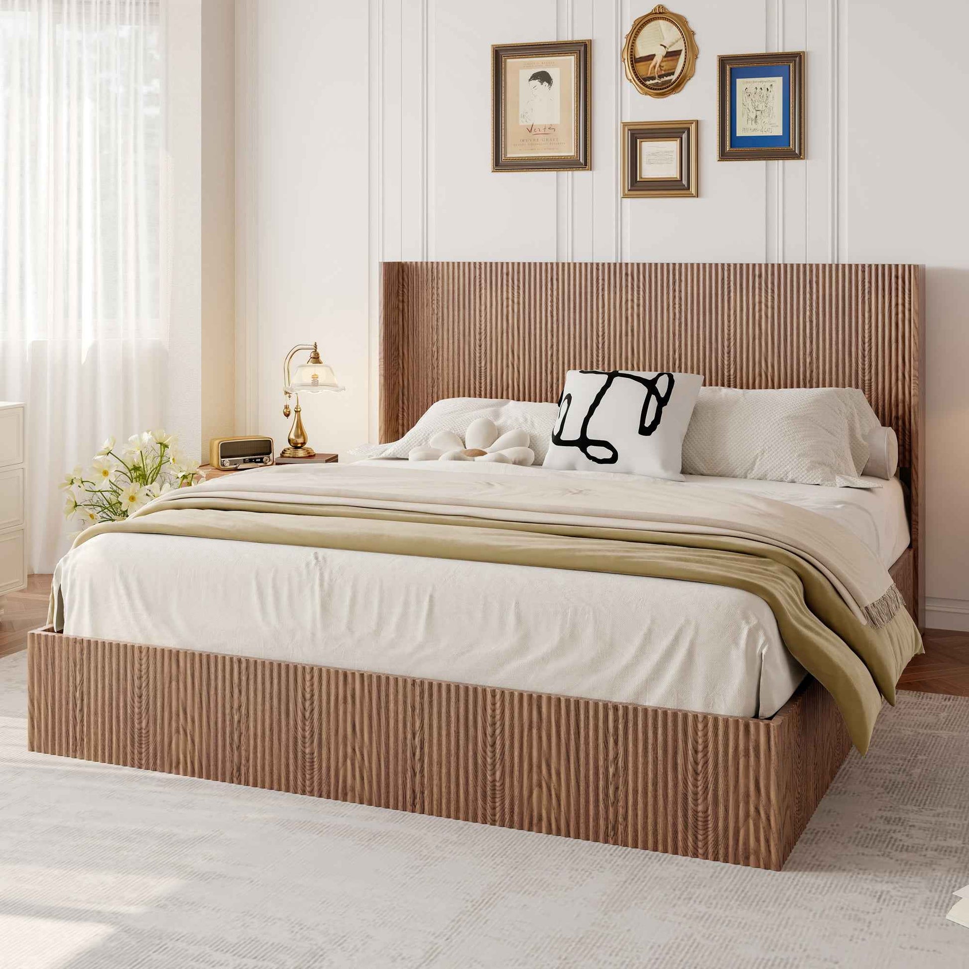 Large grooved undulating lift storage bed frame, wooden platform bed frame with lift storage, no spring box required/no noise, rustic brown slatted natural wood(
King)