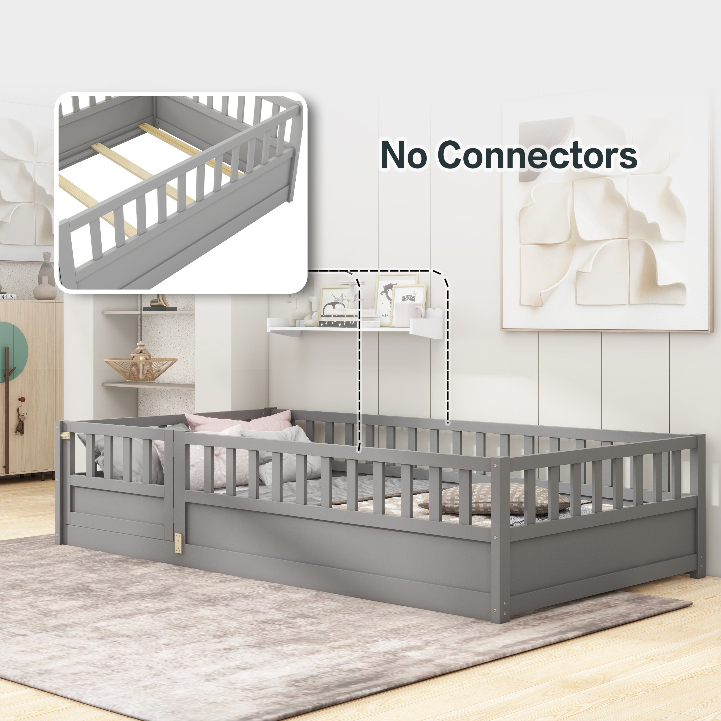 Twin Size Floor bed, integral construction with super high security barrier, door, children's floor bed frame, Montessori wooden children's floor bed, Support slat Grey