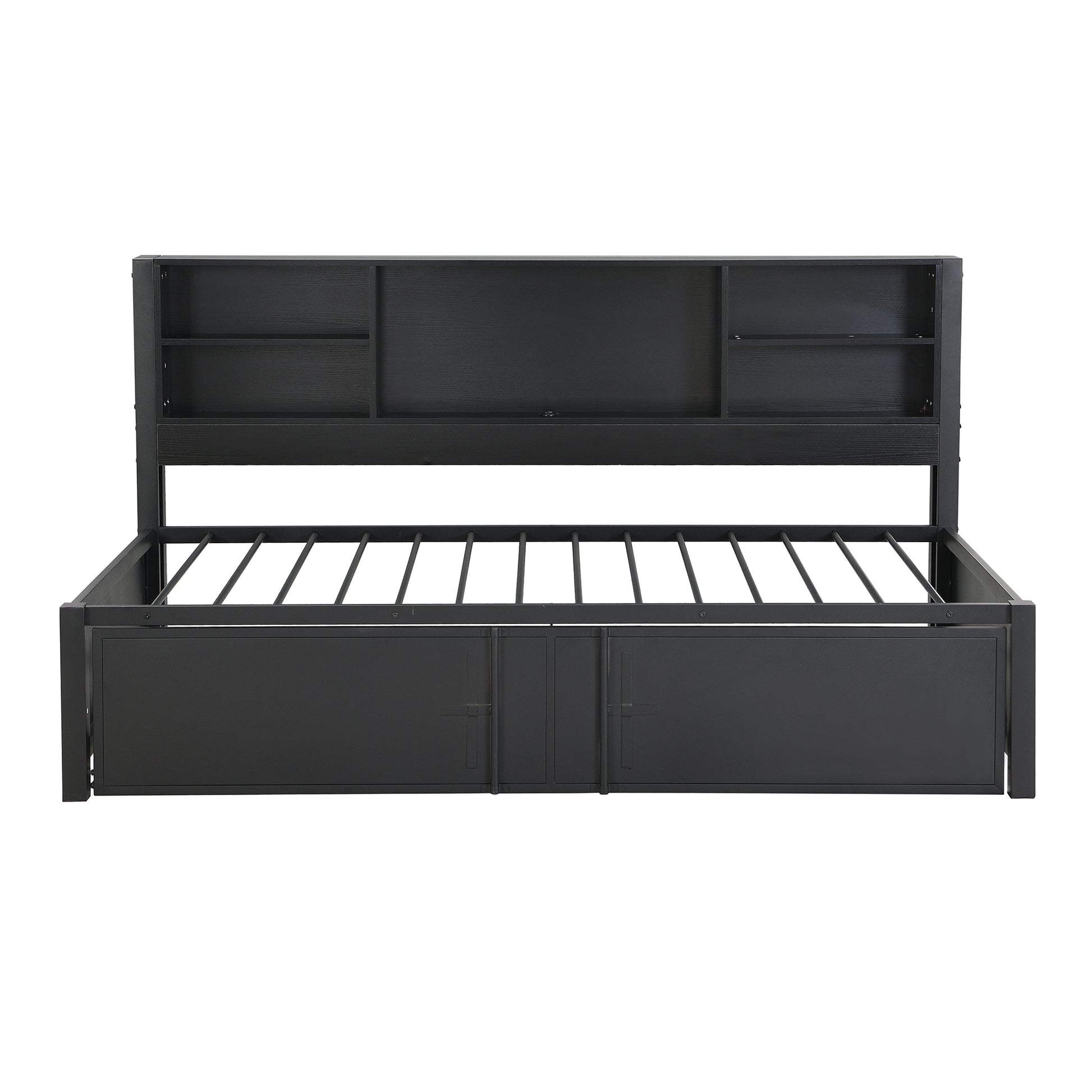 Metal Twin Size Daybed with Twin Size Trundle, Storage Shelves and USB Ports, Black - Abrihome
