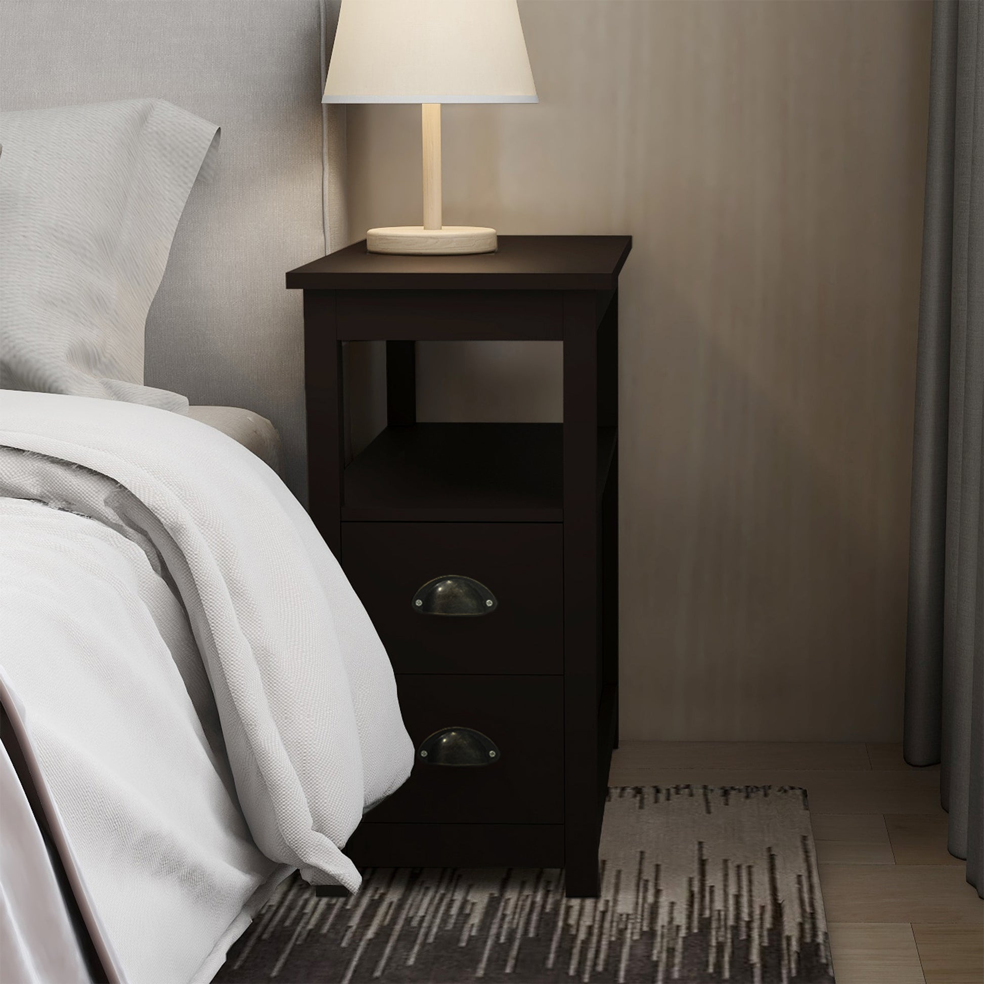 End Table Narrow Nightstand With Two Drawers And Open Shelf-Brown - Abrihome