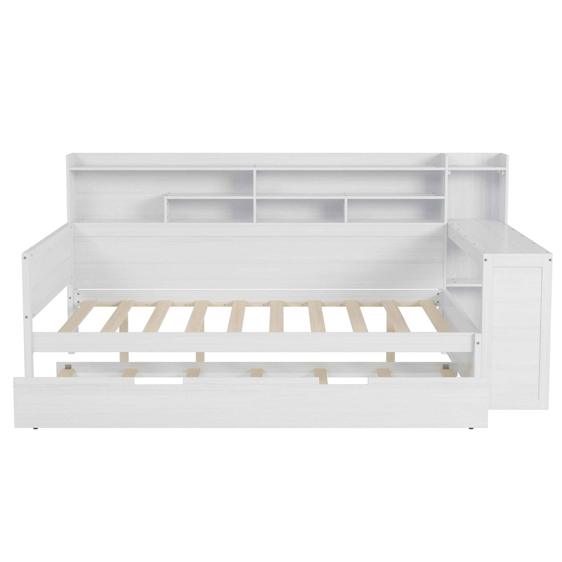 Wooden Full Size Daybed with Storage Shelves, Multi-functional Bed with Twin Size Trundle Bed and  Study Desk, Antique White