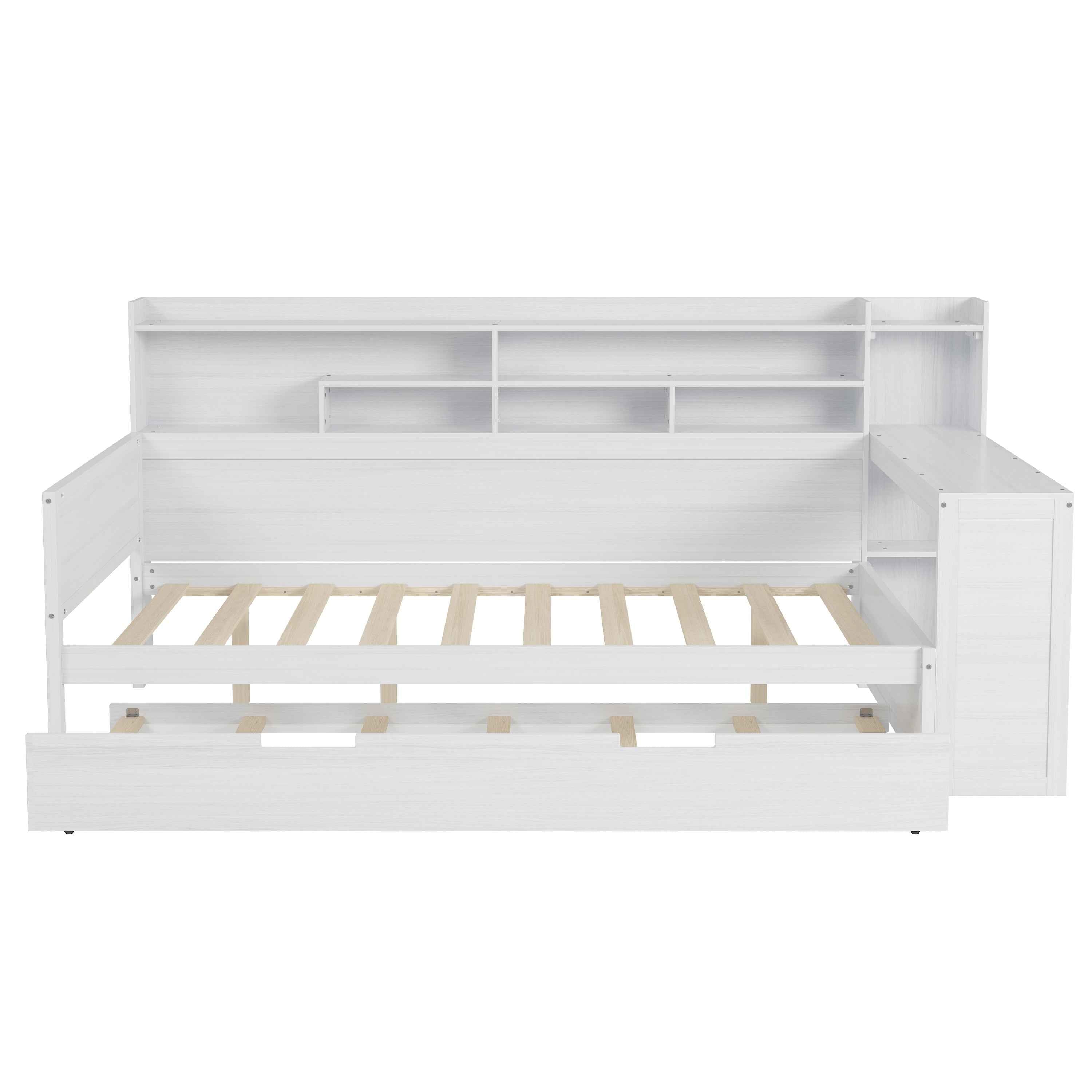 Wooden Full Size Daybed with Storage Shelves, Multi-functional Bed with Twin Size Trundle Bed and  Study Desk, Antique White