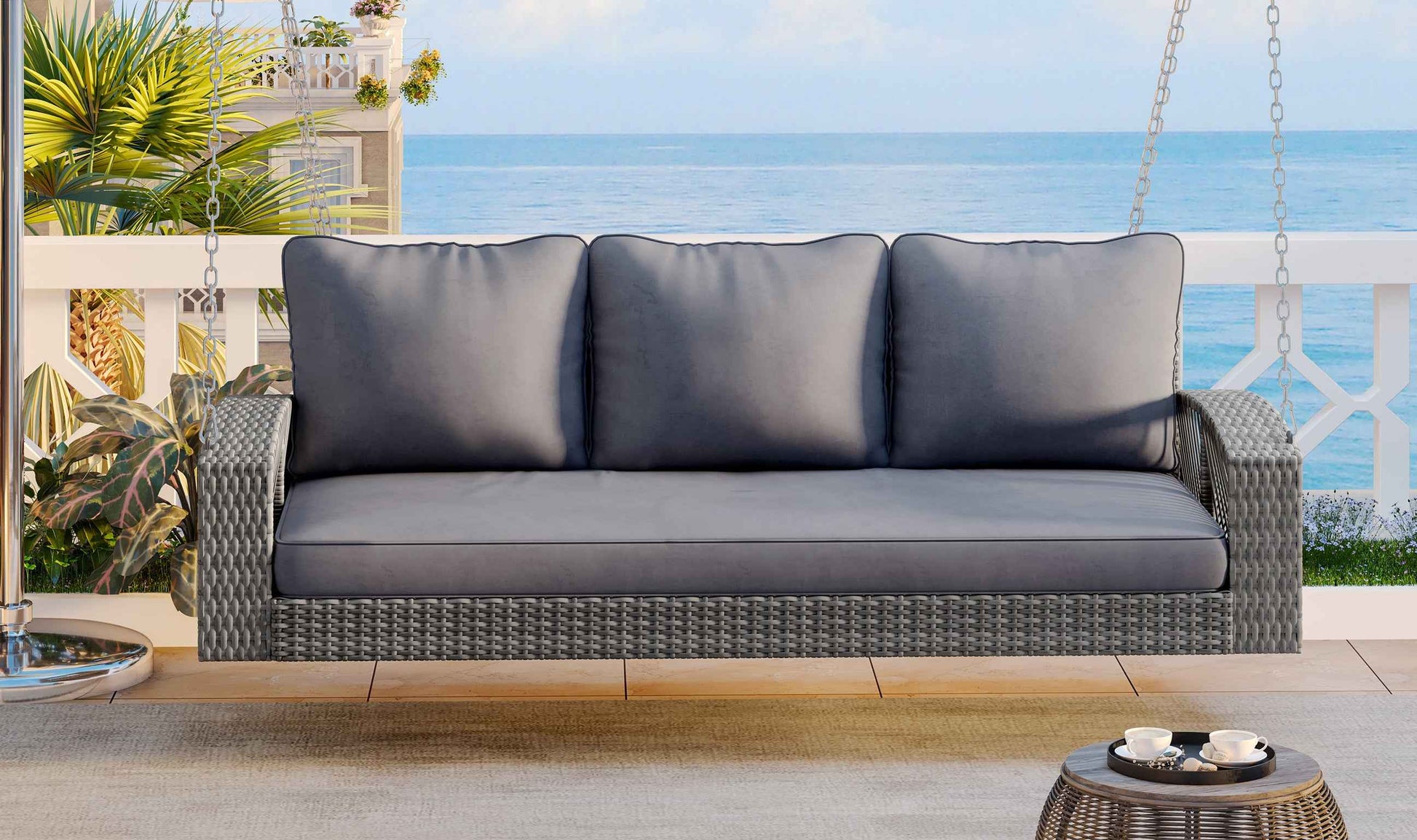 GO 69' PE Wicker 3-Person Porch Swing with Chains, Large Patio Swing Bench with Cushions for Backyard, Garden, and Poolside, Gray69'