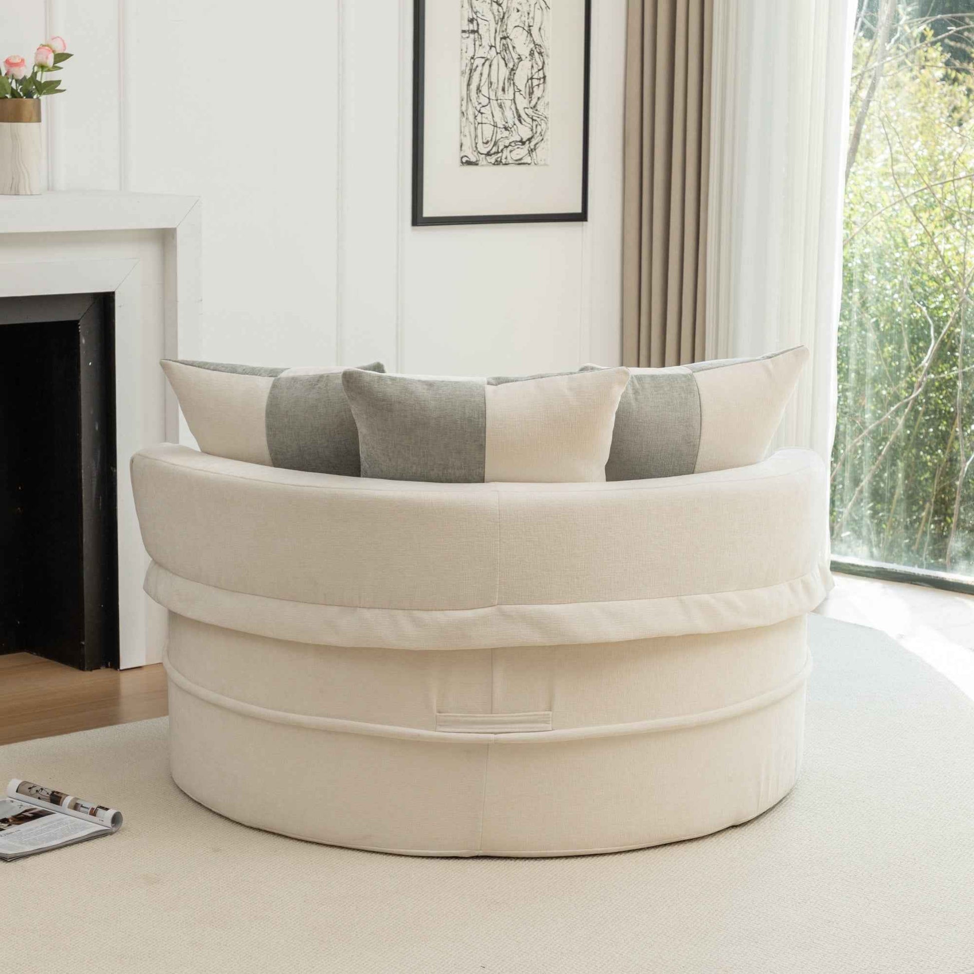 Modern Oversized Beige Round Barrel Accent Chair with Ottoman - Velvet Upholstered Lounge Armchair with 5 Pillows for Living Room or Bedroom