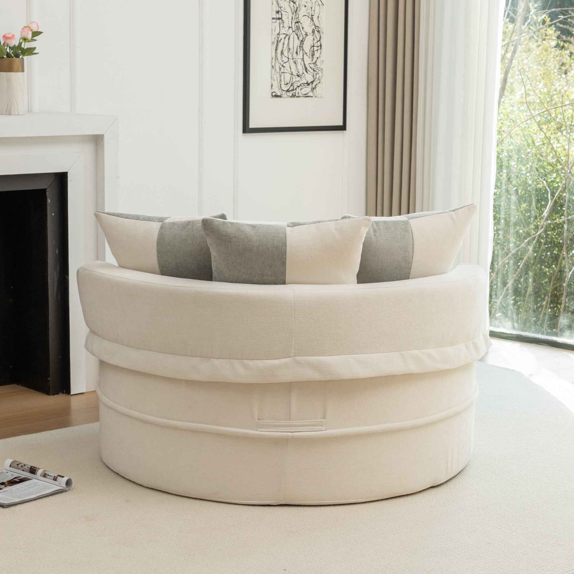 Modern Oversized Beige Round Barrel Accent Chair with Ottoman - Velvet Upholstered Lounge Armchair with 5 Pillows for Living Room or Bedroom