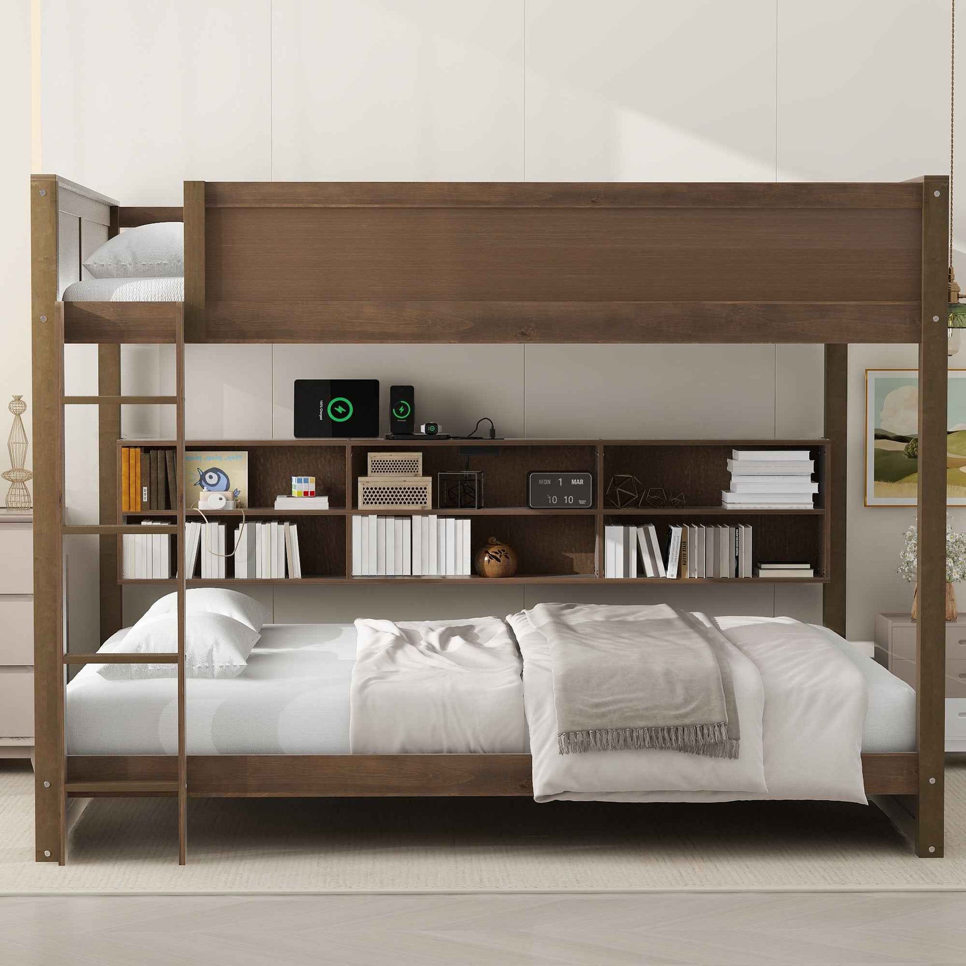 Queen over Queen Bunk Bed with Storage Cabinets and USB Ports in Antique Wood Color, Solid Pine Wood+MDF