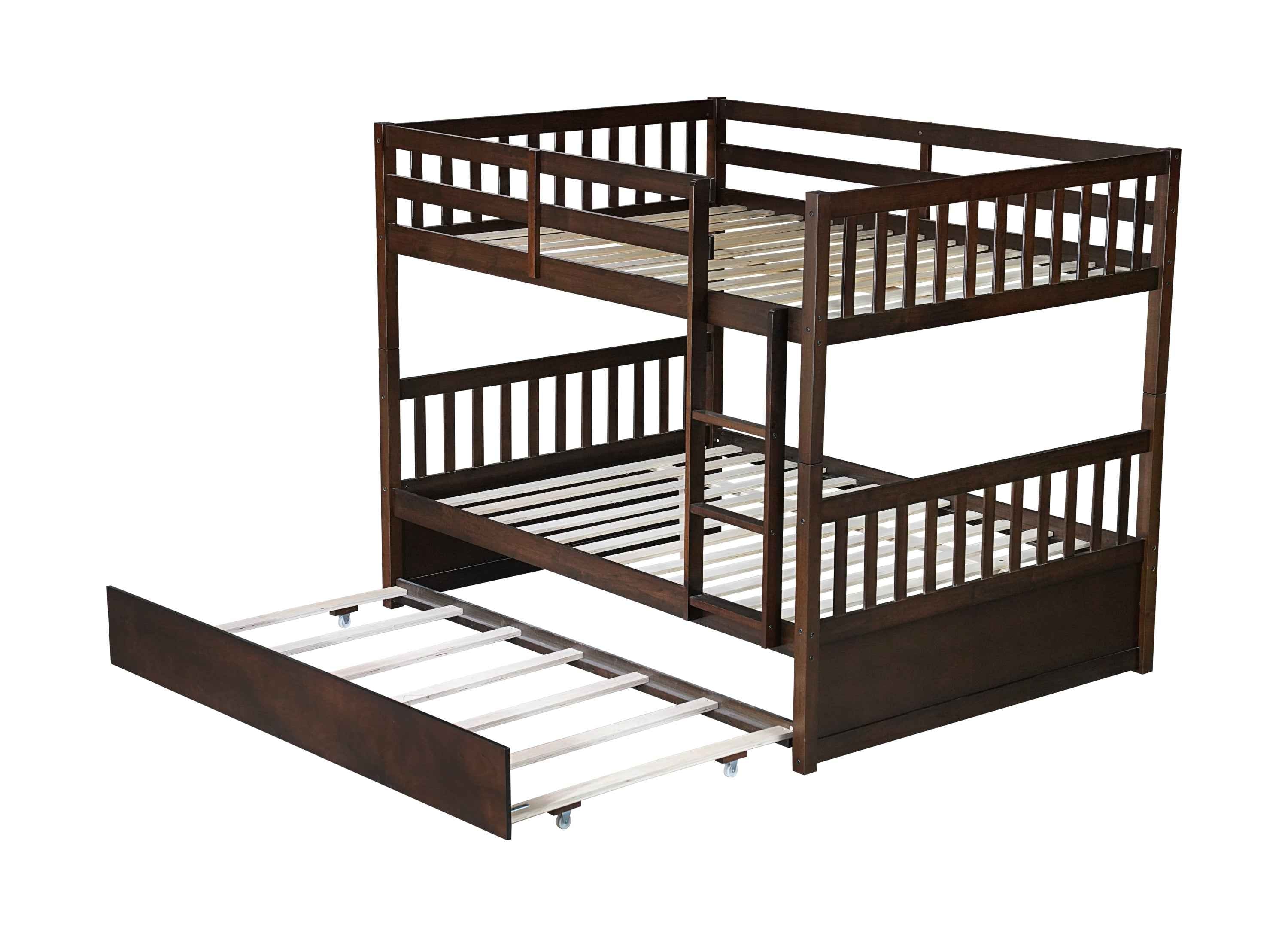 Full Over Full Rubber Wood Bunk Bed with Trundle, Ladder and Guardrails, Convertible to 2 Full Size Beds, with Twin Size Trundle ,Espresso