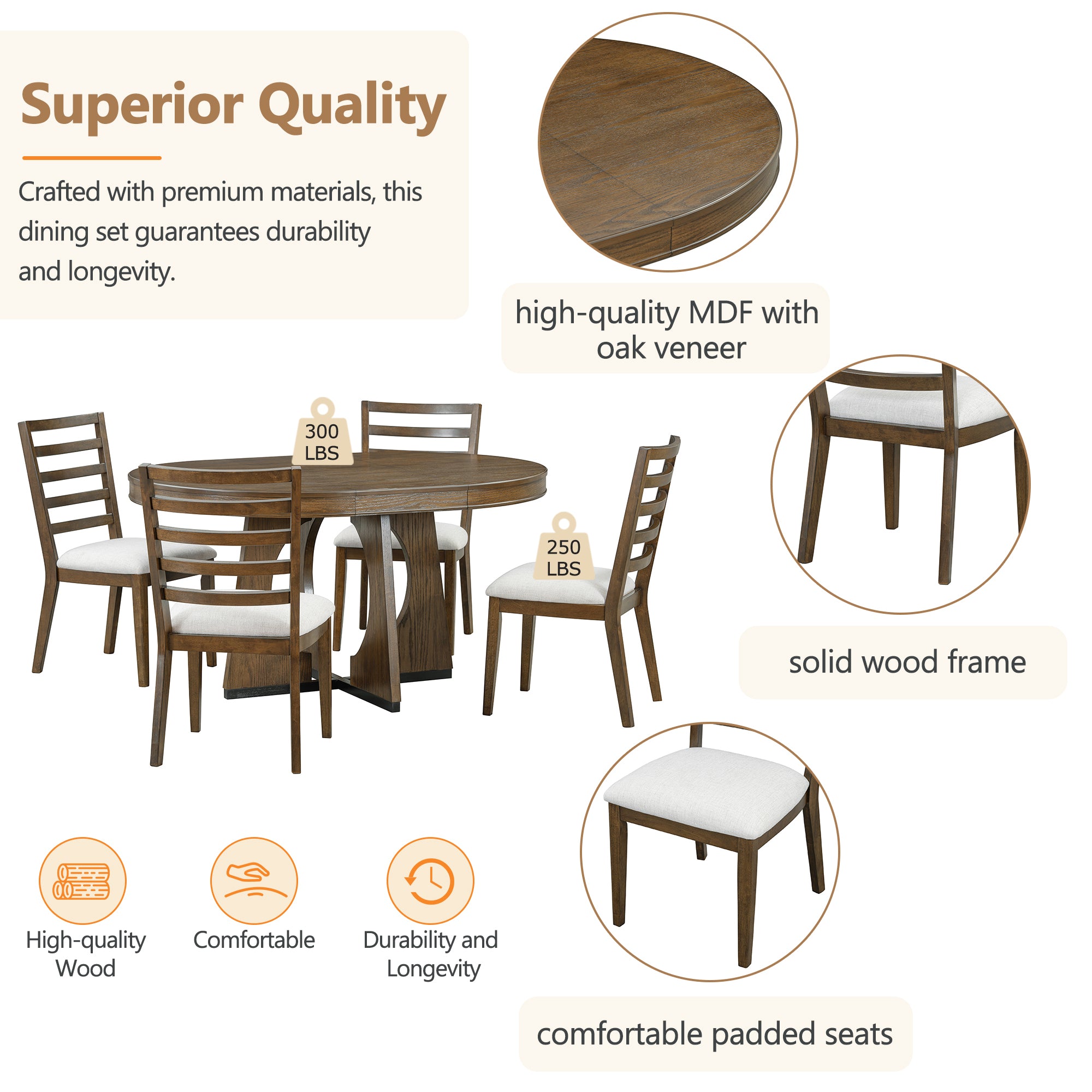 TREXM 5-Piece Retro Rustic Functional Dining Set Unique Geometric Design, 1 Extendable Table with a 16-inch Leaf and 4 Upholstered Chairs Ideal for Dining Room and Kitchen (Walnut)