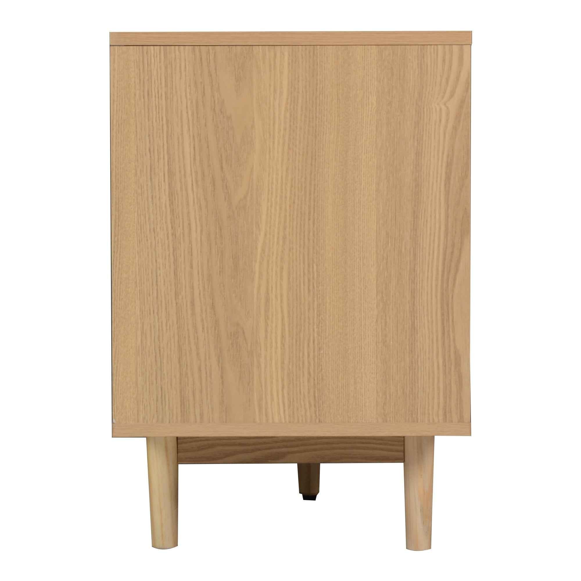 Boho TV Stand for 65 75 85 Inch TV with Real Rattan Doors, Modern Wood Media Console in Natural Finish, 76.6'' L x 15.7'' W x 23.6'' H