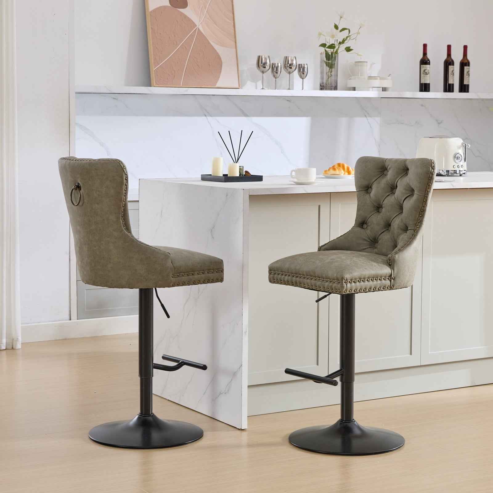 A&A Furniture,Aged and Retro PU Swivel Barstools Adjusatble Seat Height from 26-33 Inch, Modern Bar Stools with Backs Comfortable Tufted for Home Pub and Kitchen Island (Olive Green,Set of 2)