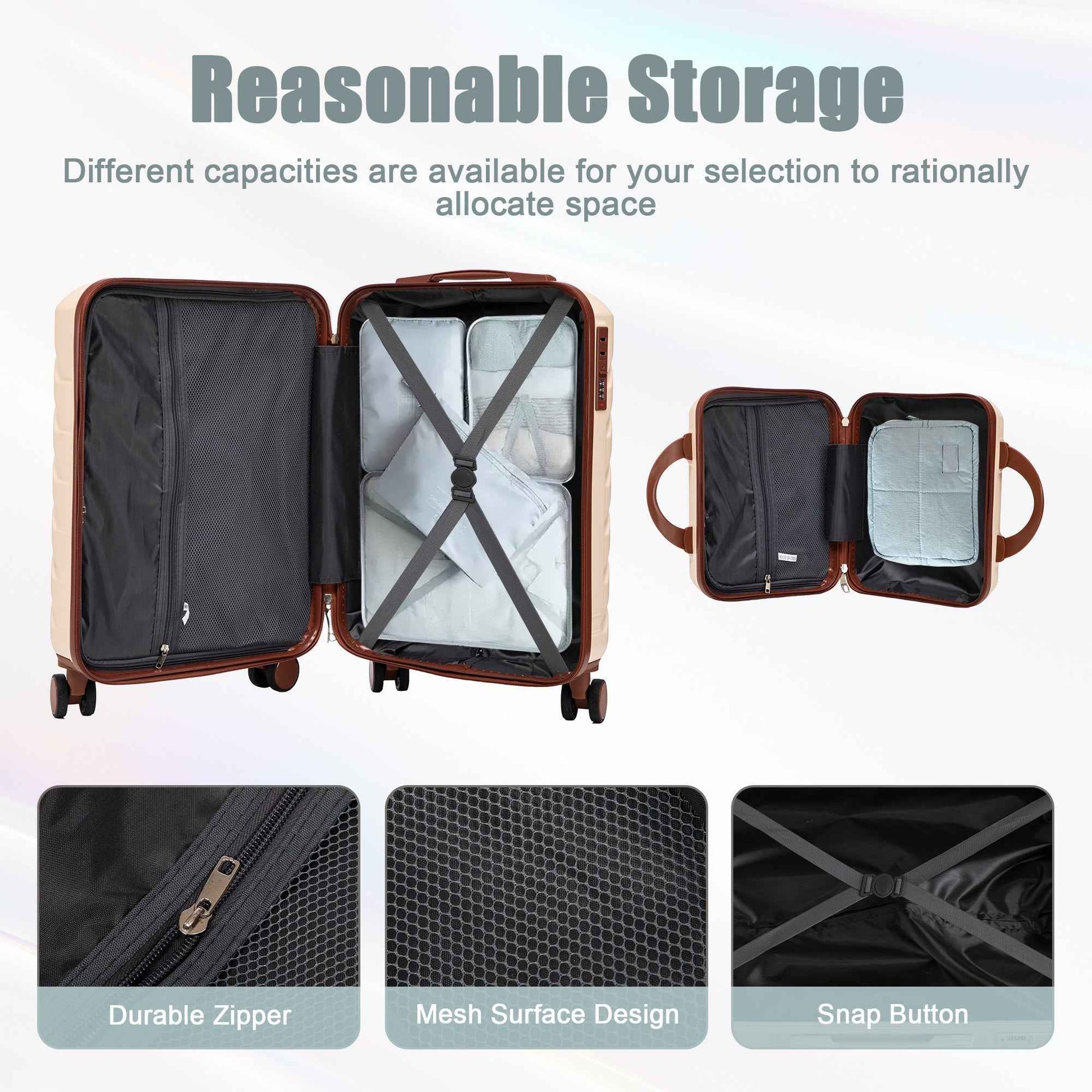 14'/20' 2 pcs/set in ABS Spinner Wheel Luggage, with Combination Lock,14' Cosmetic Case (Beige)
