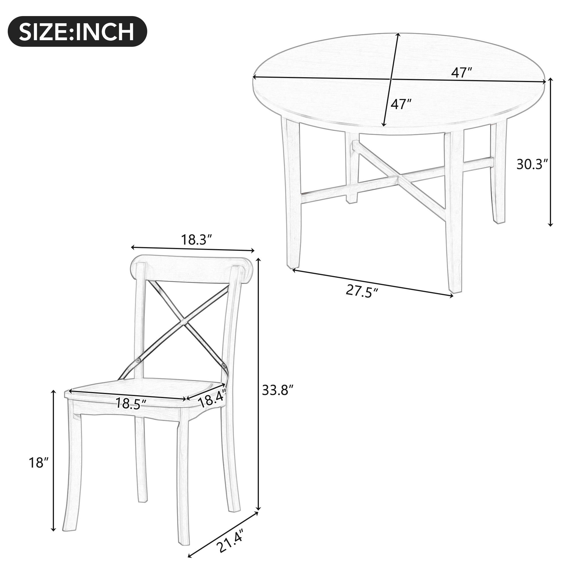 TREXM 5-piece Dining Set, Retro Simple Round Table and 4 Chairs with X-shaped Backrest for Kitchen, Dining Room and Living Room (Natural)